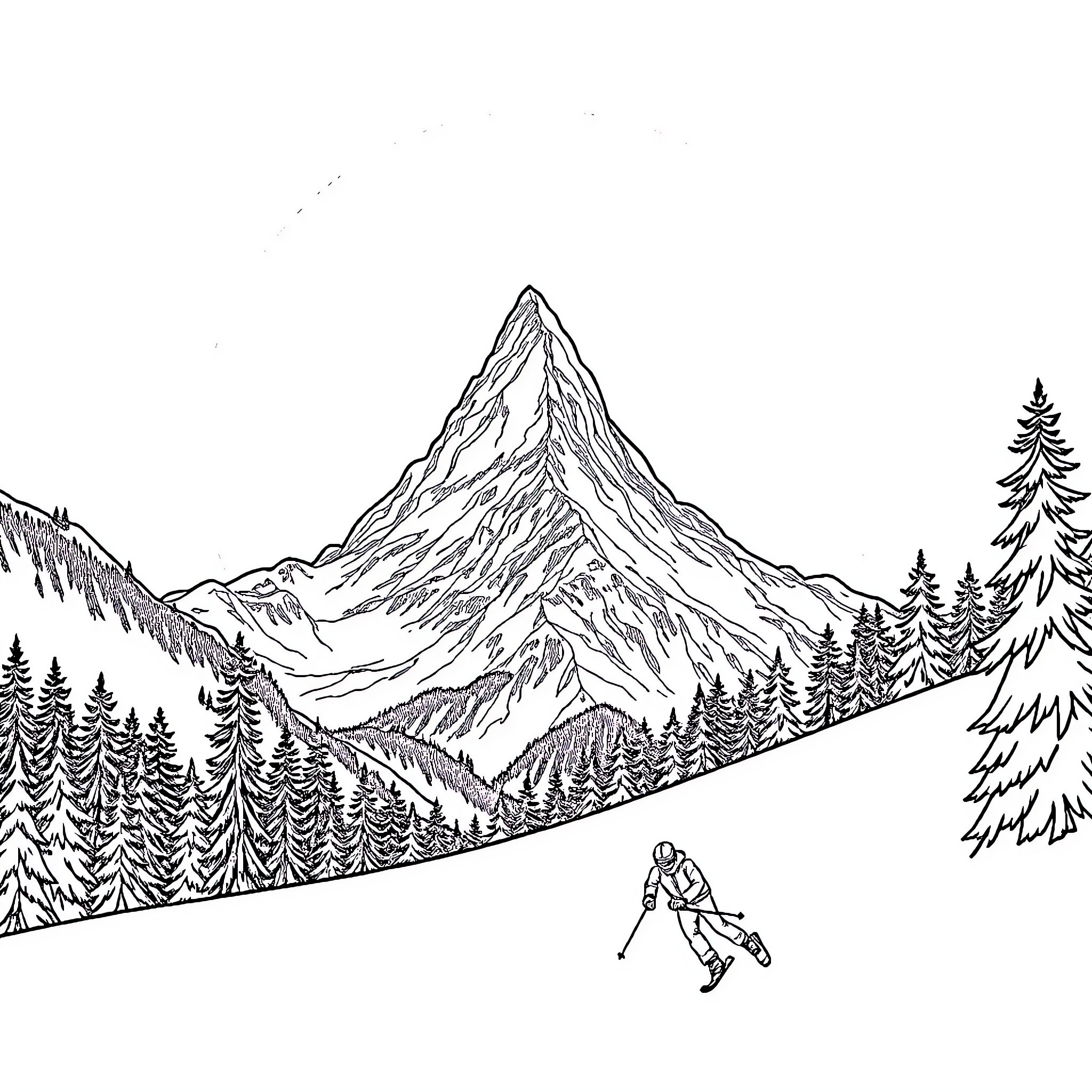 Valluga Mountain Hike Adventure Coloring Page (free black-and-white line drawing printable PDF for all, from beginners to advanced learners, including children, teens, adults, and seniors)