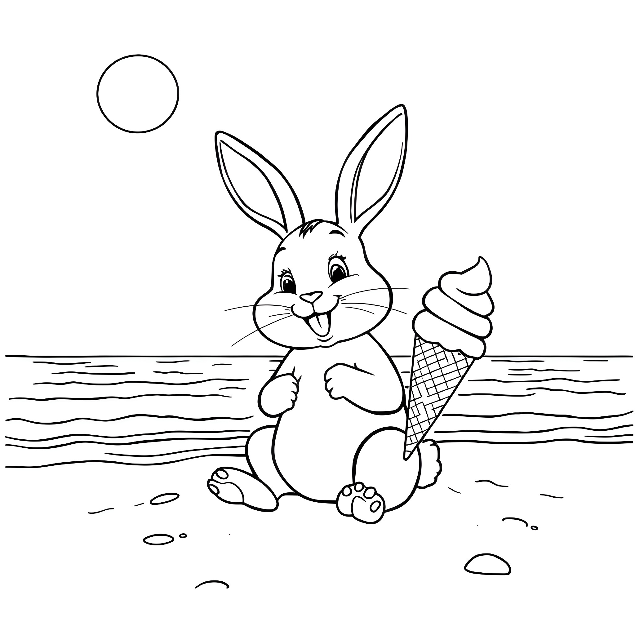 Rabbit enjoying an ice cream cone on the beach Coloring Page (free black-and-white line drawing printable PDF for all, from beginners to advanced learners, including children, teens, adults, and seniors)