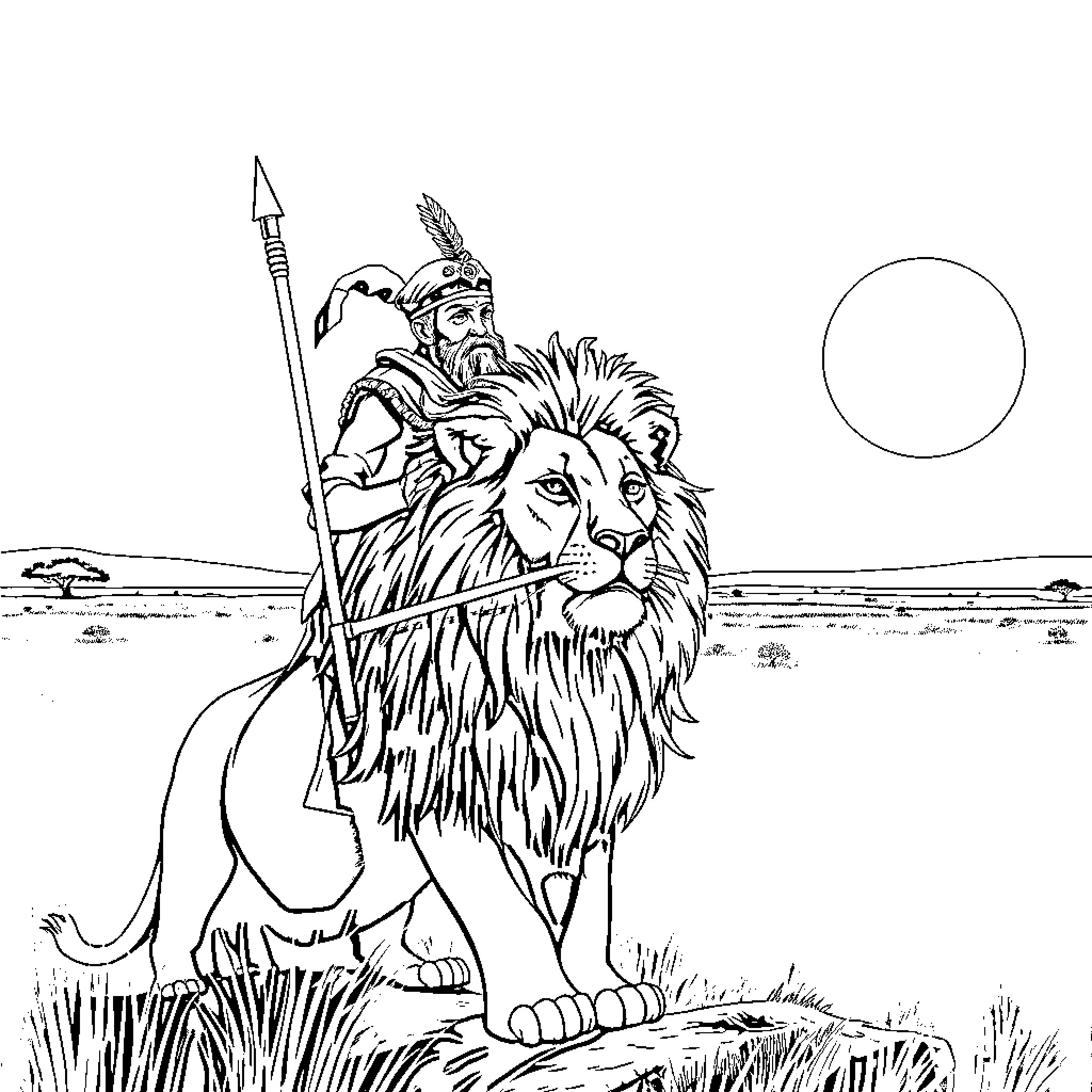 Lion warrior standing in the savanna Coloring Page (free black-and-white line drawing printable PDF for all, from beginners to advanced learners, including children, teens, adults, and seniors)