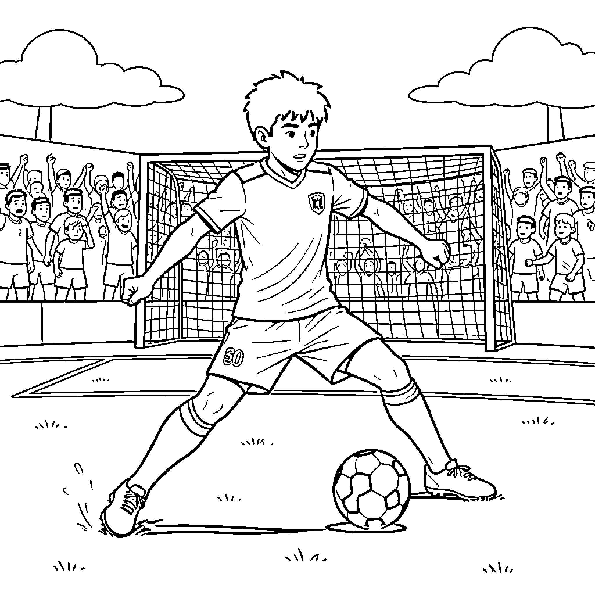 Lamine Yamal dribbling a soccer ball towards the goal Coloring Page (free black-and-white line drawing printable PDF for all, from beginners to advanced learners, including children, teens, adults, and seniors)
