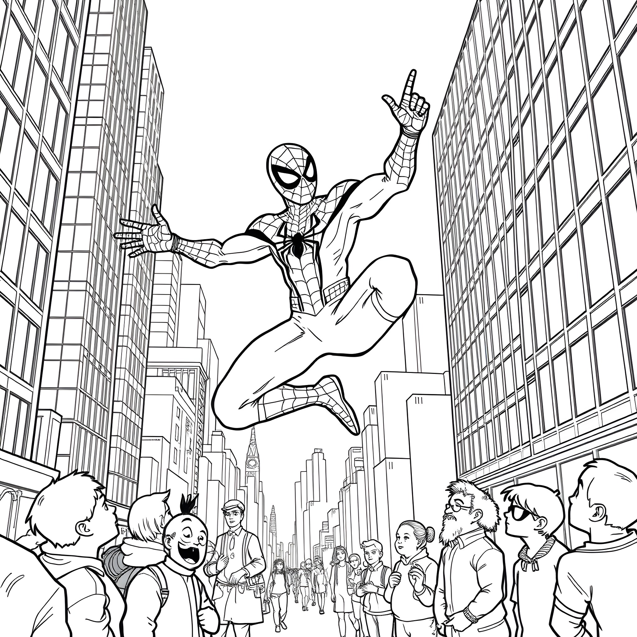 Spiderman swinging heroically through the city Coloring Page (free black-and-white line drawing printable PDF for all, from beginners to advanced learners, including children, teens, adults, and seniors)