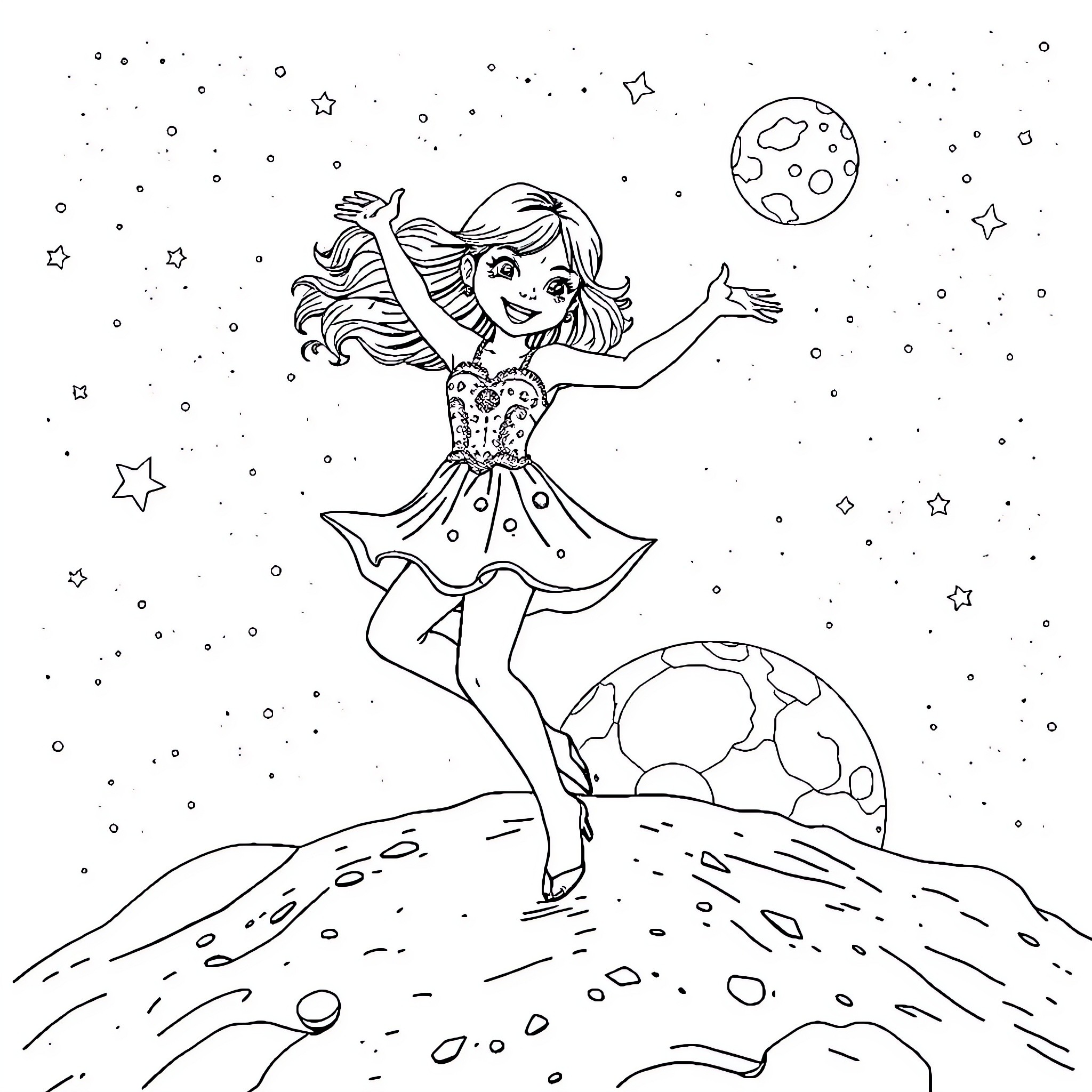 Girl dancing joyfully under the starry night sky Coloring Page (free black-and-white line drawing printable PDF for all, from beginners to advanced learners, including children, teens, adults, and seniors)