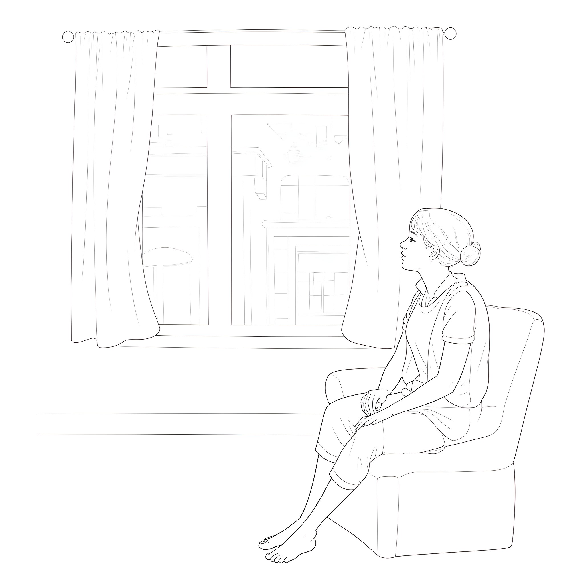 Housewife relaxing peacefully by the window Coloring Page (free black-and-white line drawing printable PDF for all, from beginners to advanced learners, including children, teens, adults, and seniors)
