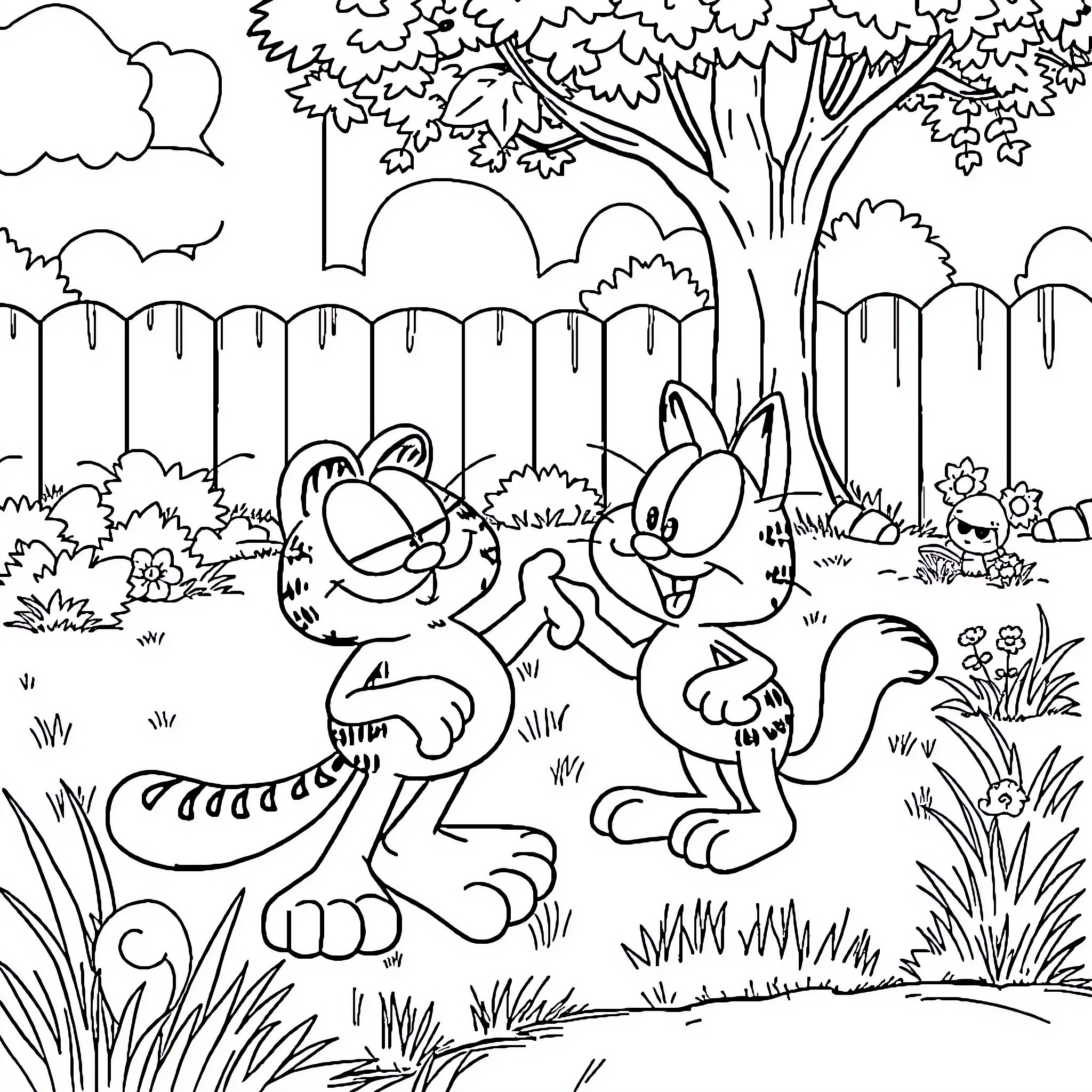 Garfield and Odie playing in the backyard Coloring Page (free black-and-white line drawing printable PDF for all, from beginners to advanced learners, including children, teens, adults, and seniors)