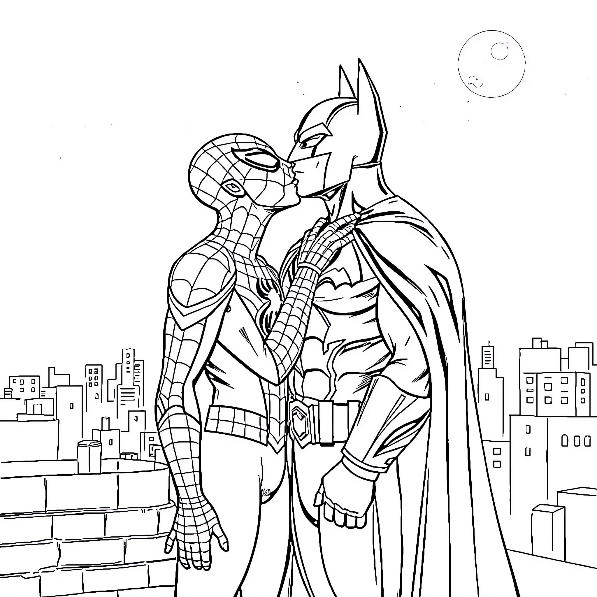 Spiderman and Batman team up against villains in the city Coloring Page (free black-and-white line drawing printable PDF for all, from beginners to advanced learners, including children, teens, adults, and seniors)