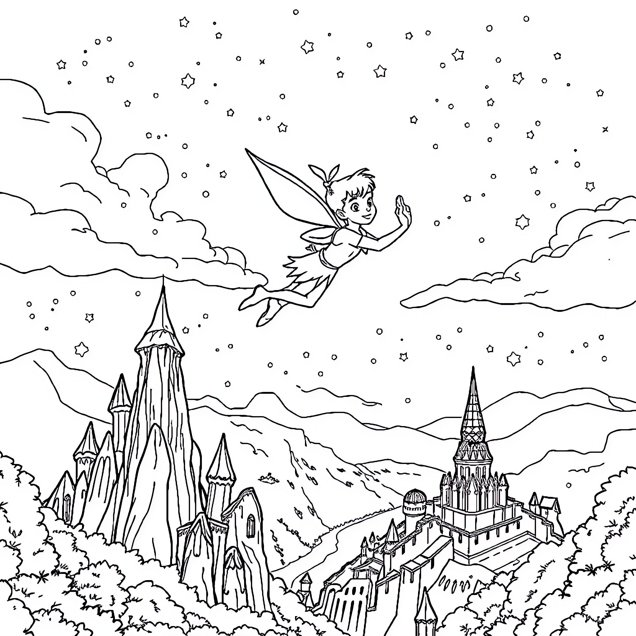 Peter Pan flying over Neverland at night Coloring Page (free black-and-white line drawing printable PDF for all, from beginners to advanced learners, including children, teens, adults, and seniors)