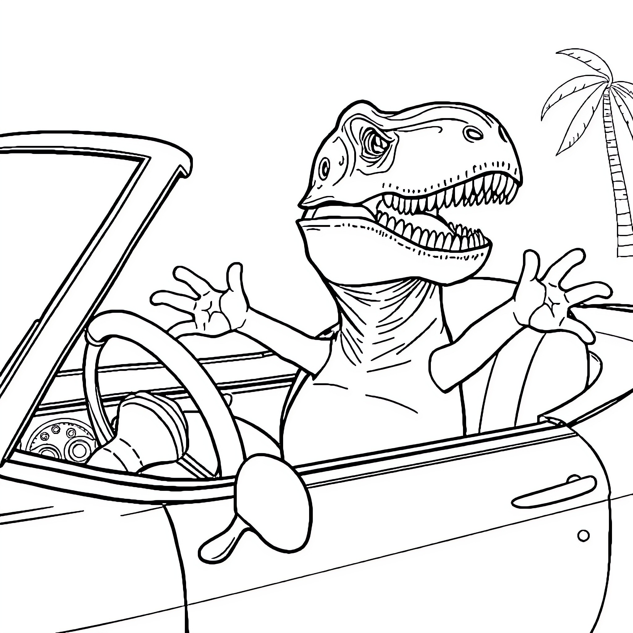 T-Rex driving a car and making gestures Coloring Page (free black-and-white line drawing printable PDF for all, from beginners to advanced learners, including children, teens, adults, and seniors)