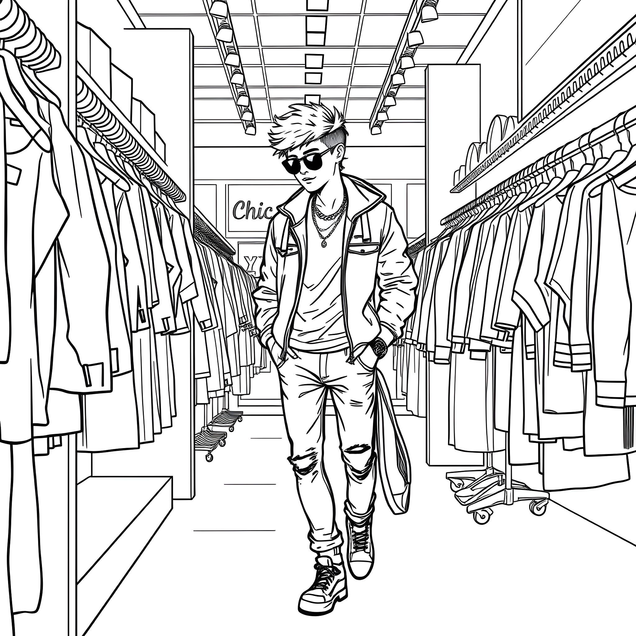 Teen Guy Exploring Trendy Clothing Store Coloring Page (free black-and-white line drawing printable PDF for all, from beginners to advanced learners, including children, teens, adults, and seniors)