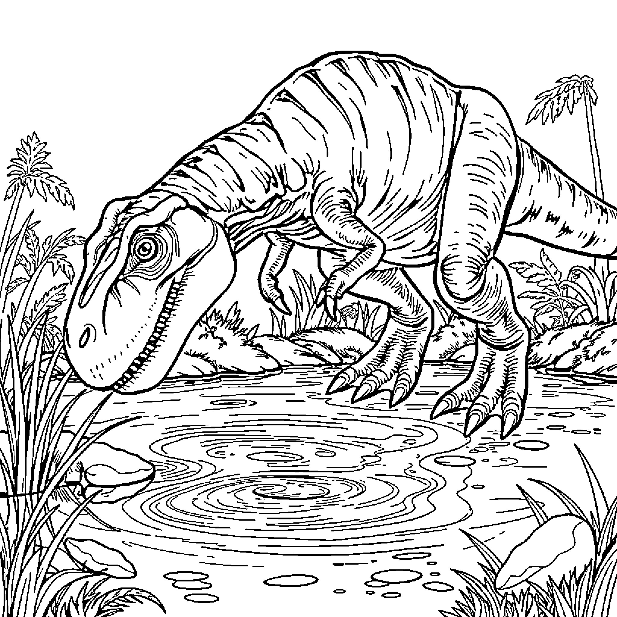 T-Rex Roaming Prehistoric Swamp Coloring Page (free black-and-white line drawing printable PDF for all, from beginners to advanced learners, including children, teens, adults, and seniors)