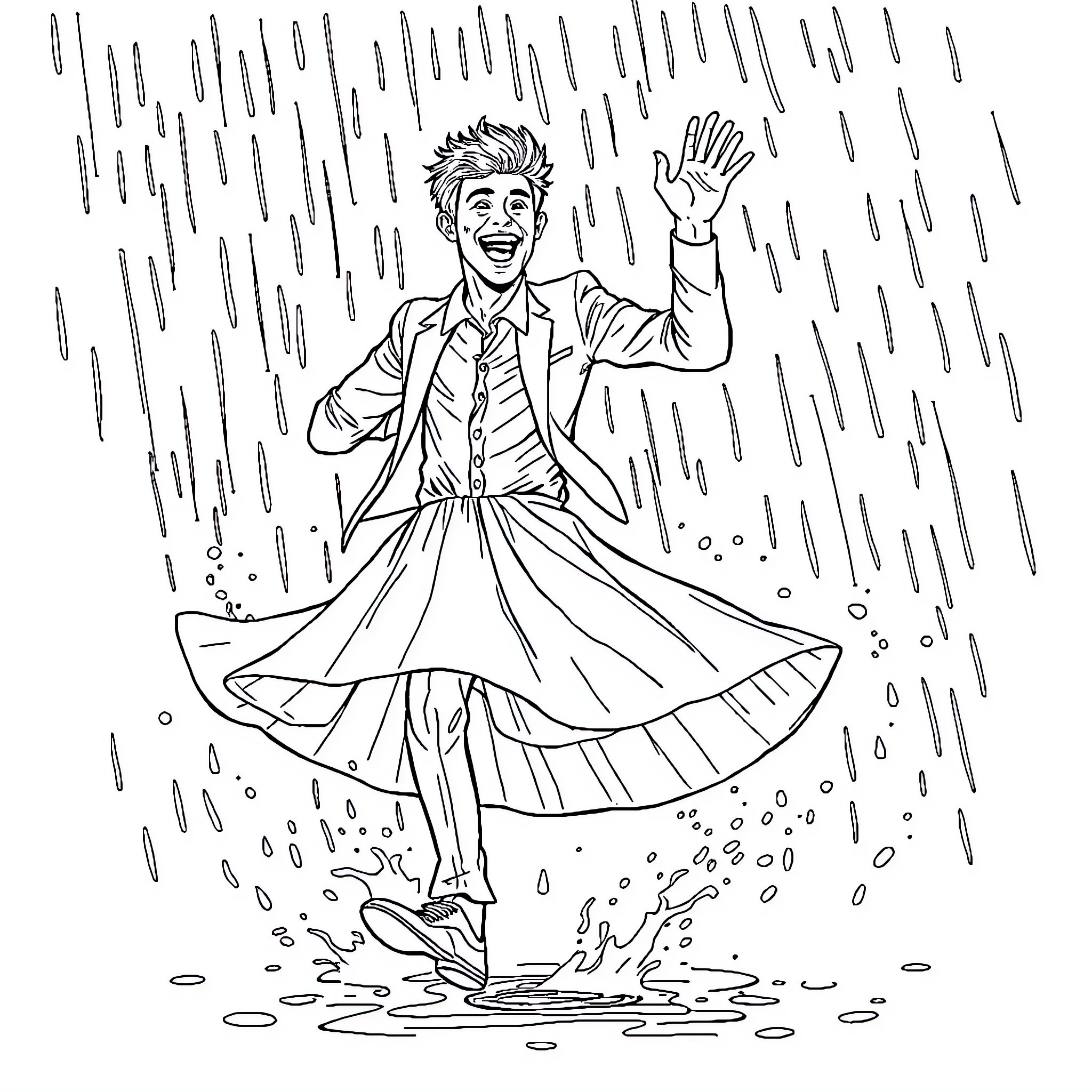 Brendon Urie dancing joyfully in the rain Coloring Page (free black-and-white line drawing printable PDF for all, from beginners to advanced learners, including children, teens, adults, and seniors)