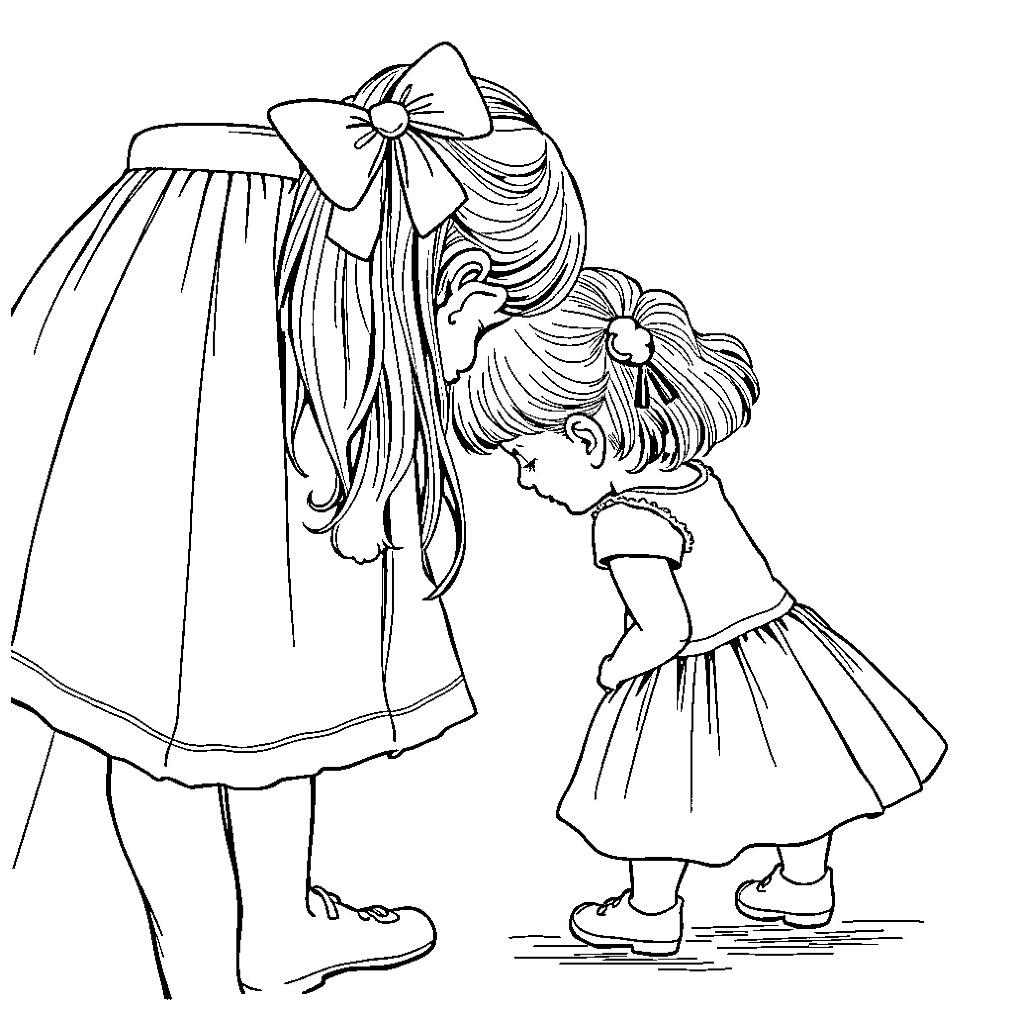 Girl examining her friend's fancy dress Coloring Page (free black-and-white line drawing printable PDF for all, from beginners to advanced learners, including children, teens, adults, and seniors)
