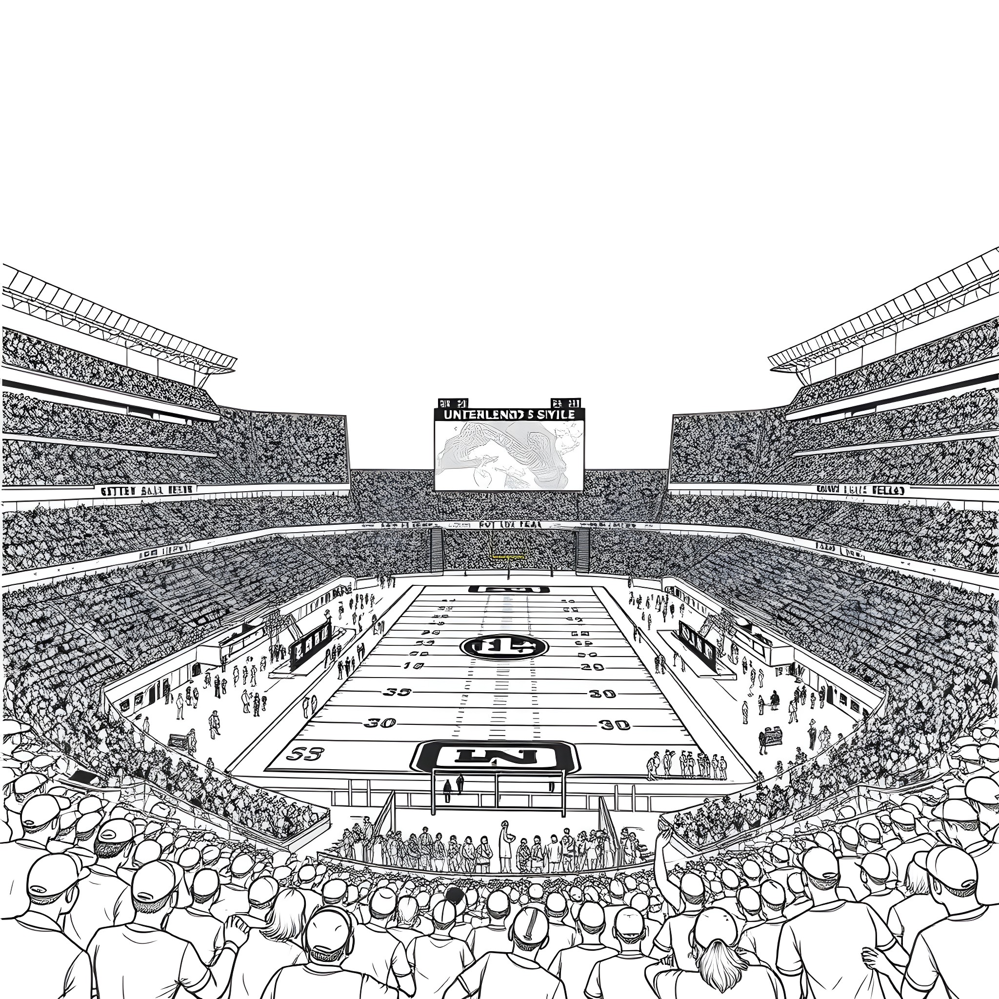 Stadium filled with excited crowd at sports event Coloring Page (free black-and-white line drawing printable PDF for all, from beginners to advanced learners, including children, teens, adults, and seniors)