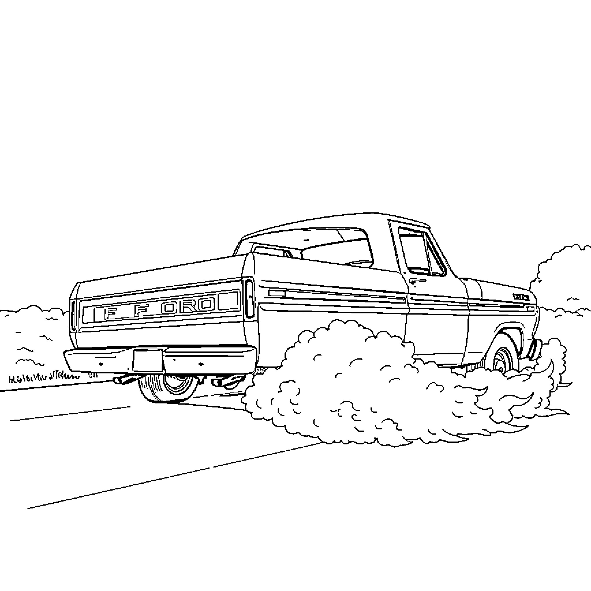 F100 Truck Driving Through Dusty Terrain Coloring Page (free black-and-white line drawing printable PDF for all, from beginners to advanced learners, including children, teens, adults, and seniors)