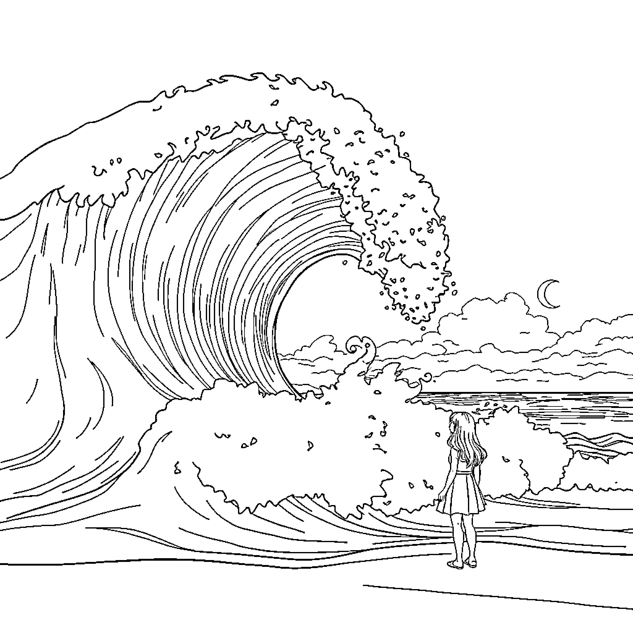 Girl standing in awe of the mighty ocean wave Coloring Page (free black-and-white line drawing printable PDF for all, from beginners to advanced learners, including children, teens, adults, and seniors)