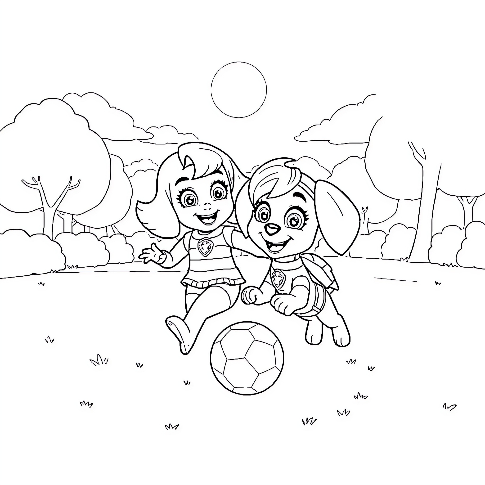 Coral characters playing happily with soccer ball outdoors Coloring Page (free black-and-white line drawing printable PDF for all, from beginners to advanced learners, including children, teens, adults, and seniors)