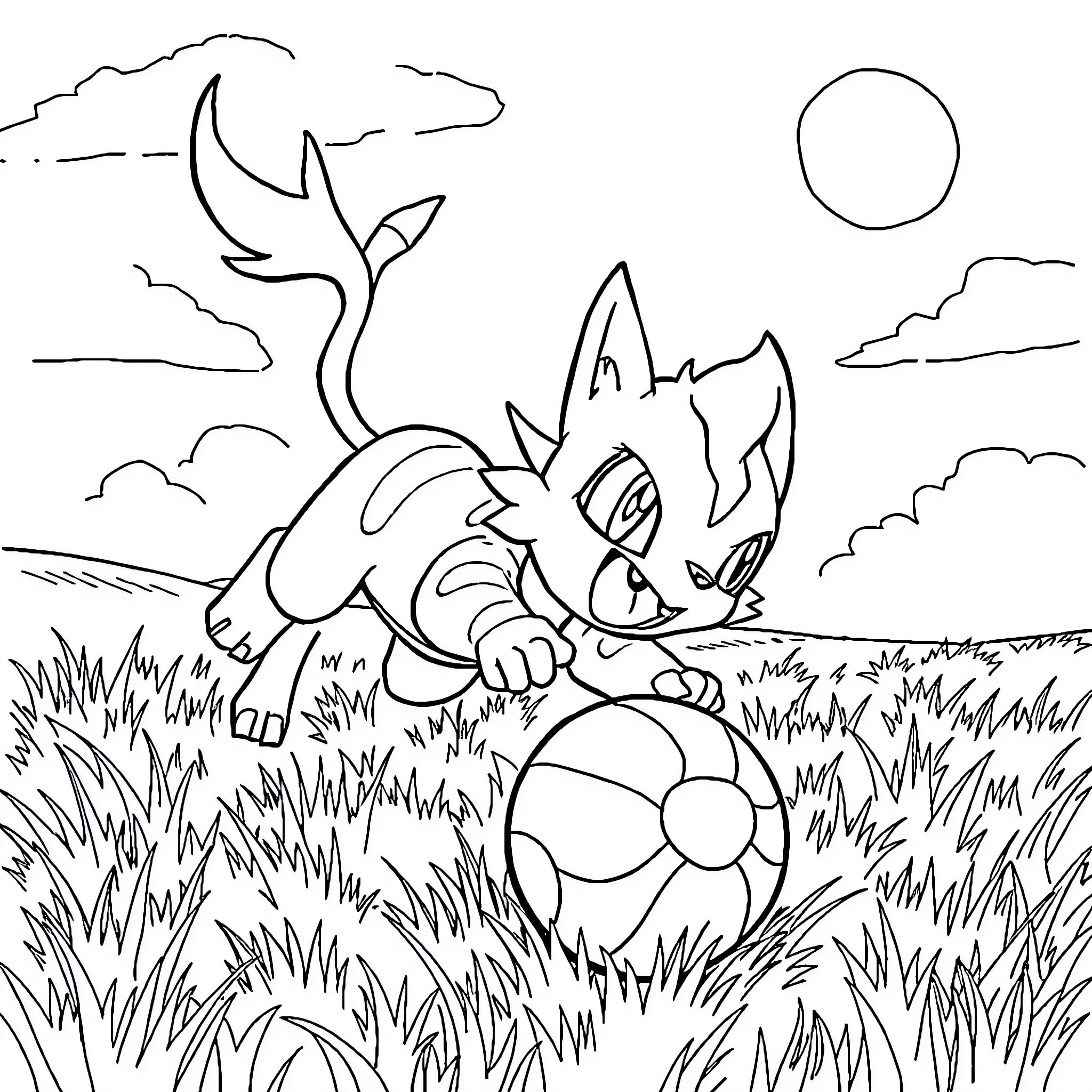 Growlithe playing happily with a ball in the field Coloring Page (free black-and-white line drawing printable PDF for all, from beginners to advanced learners, including children, teens, adults, and seniors)
