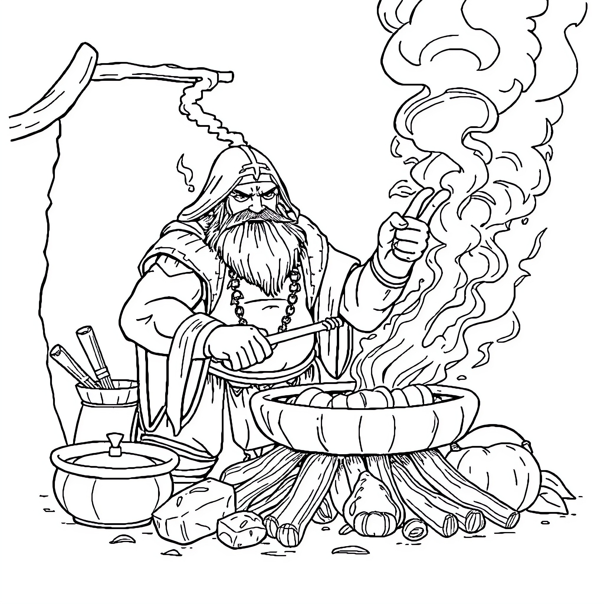 Thanos Stirring a Magical Potion Coloring Page (free black-and-white line drawing printable PDF for all, from beginners to advanced learners, including children, teens, adults, and seniors)