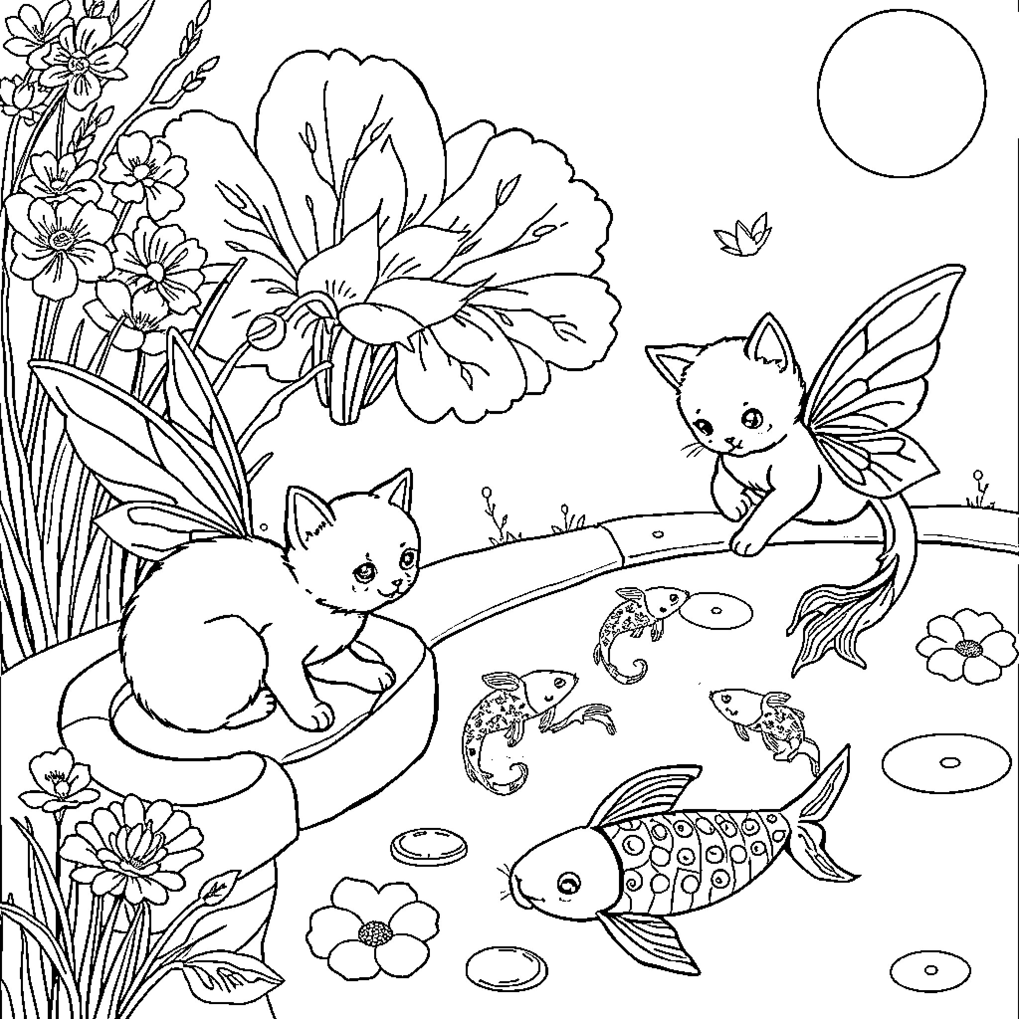 Cat Fairy Friends in Flower Garden Coloring Page (free black-and-white line drawing printable PDF for all, from beginners to advanced learners, including children, teens, adults, and seniors)