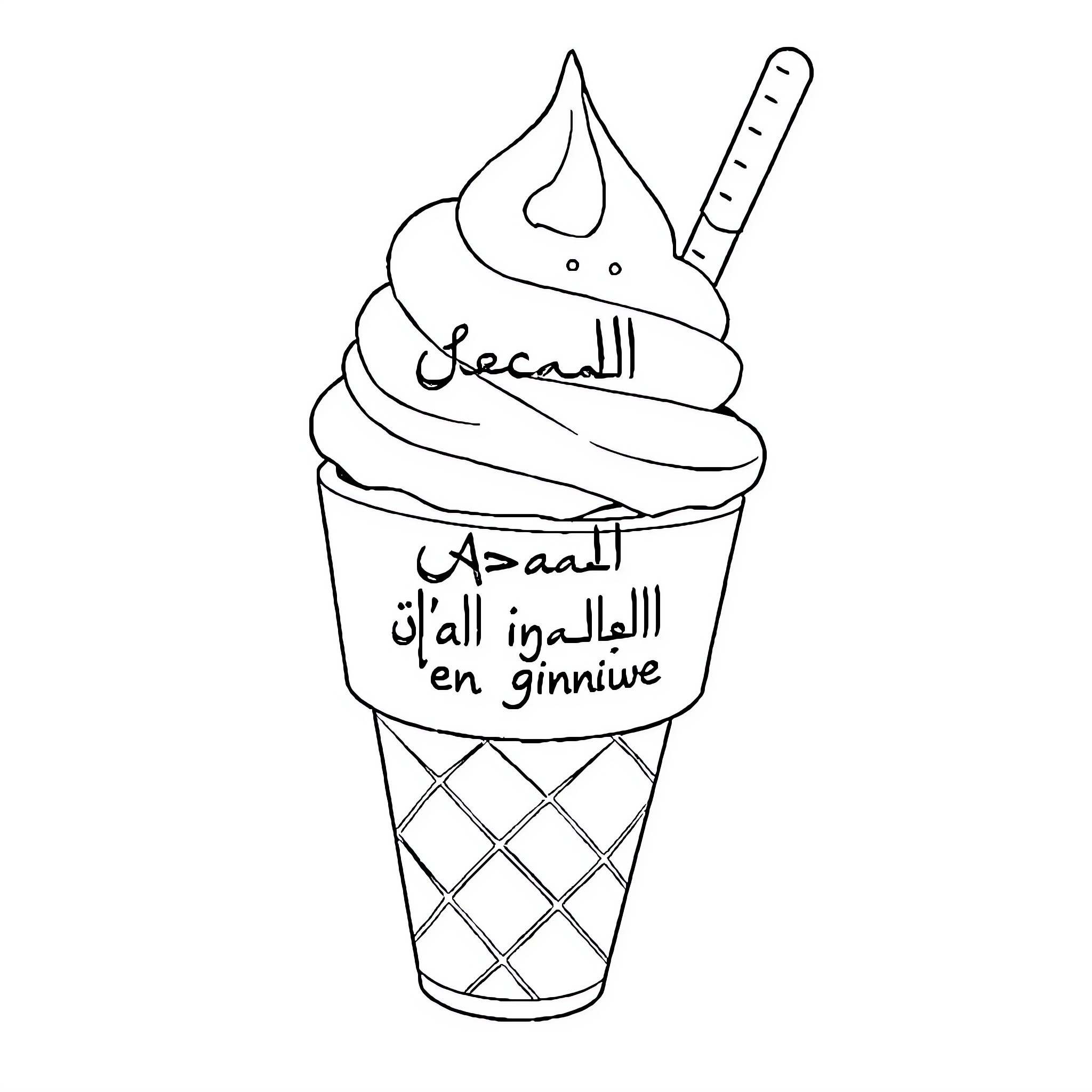 Ice Cream with Playful Arabic Text Coloring Page (free black-and-white line drawing printable PDF for all, from beginners to advanced learners, including children, teens, adults, and seniors)