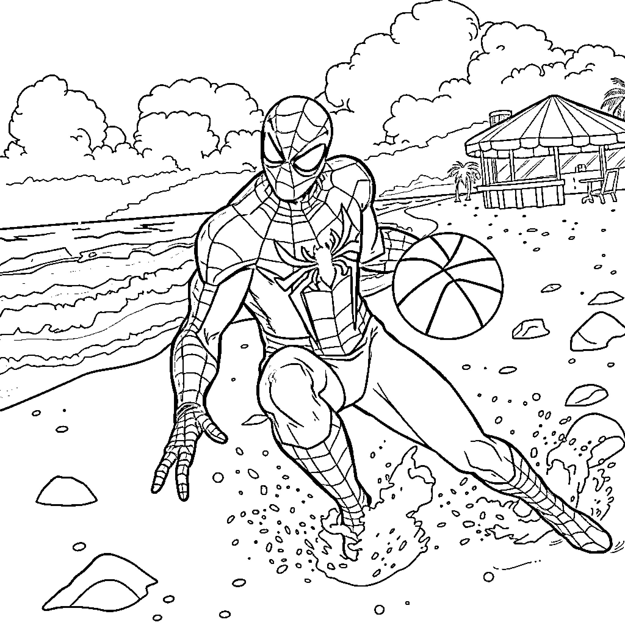 Spiderman enjoying a day at the beach Coloring Page (free black-and-white line drawing printable PDF for all, from beginners to advanced learners, including children, teens, adults, and seniors)