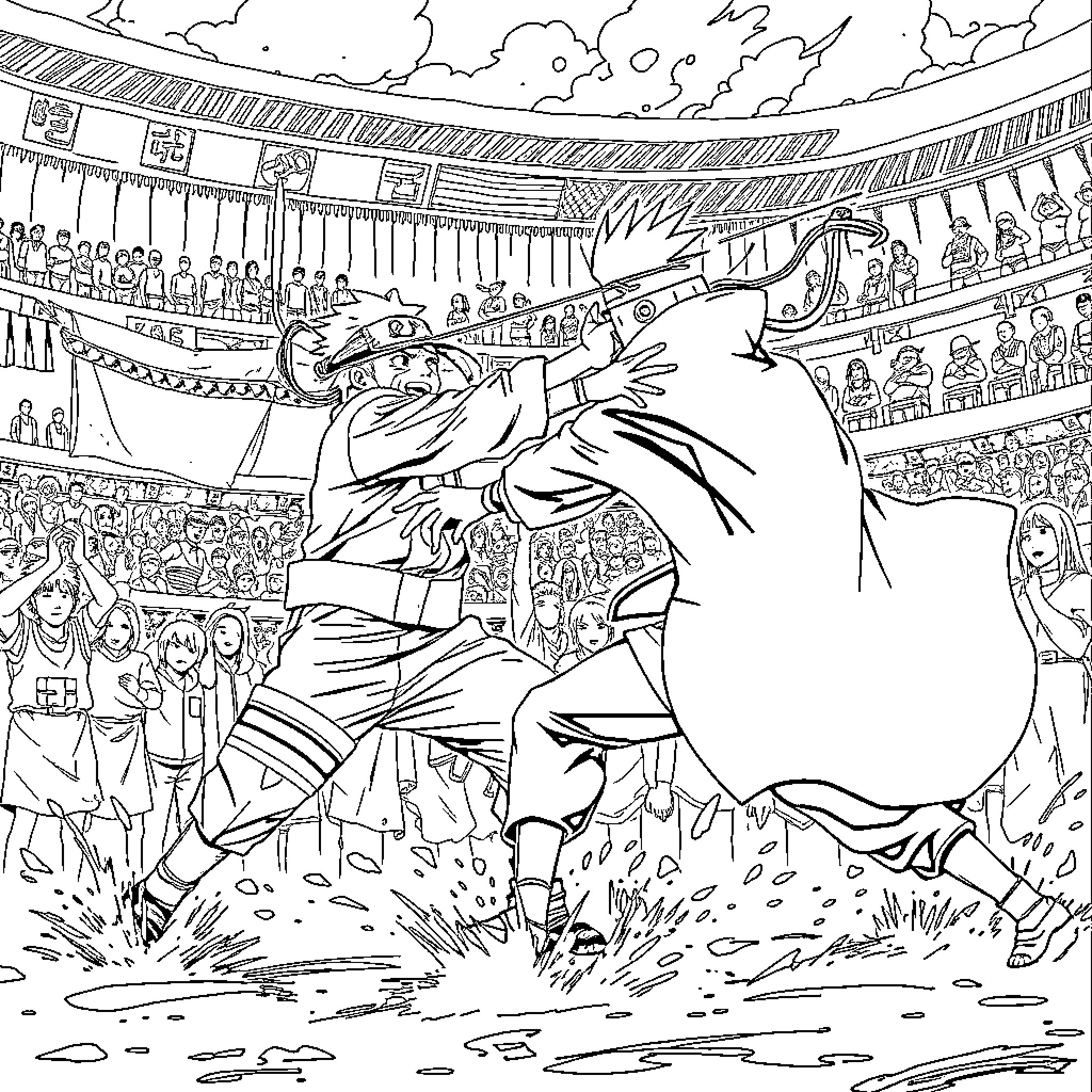 Naruto ninja battles fierce opponent in arena Coloring Page (free black-and-white line drawing printable PDF for all, from beginners to advanced learners, including children, teens, adults, and seniors)