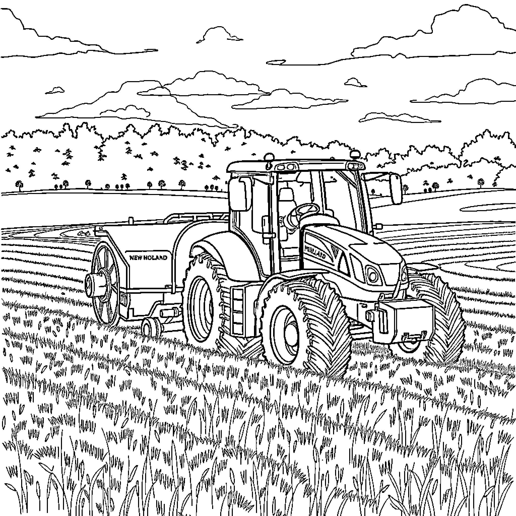 Tractor plowing through fields with rolling landscape Coloring Page (free black-and-white line drawing printable PDF for all, from beginners to advanced learners, including children, teens, adults, and seniors)