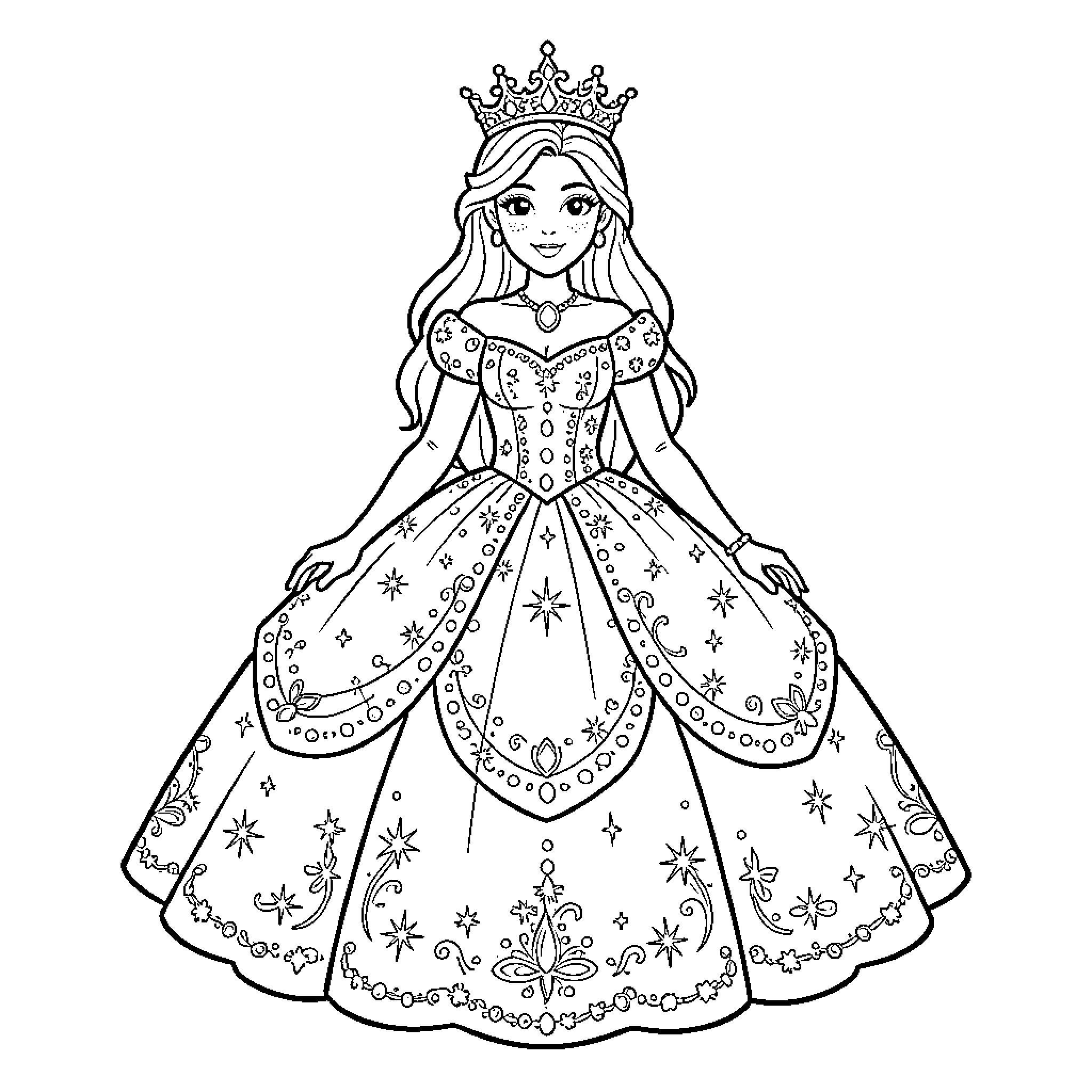 Princess in elegant formal gown and crown Coloring Page (free black-and-white line drawing printable PDF for all, from beginners to advanced learners, including children, teens, adults, and seniors)