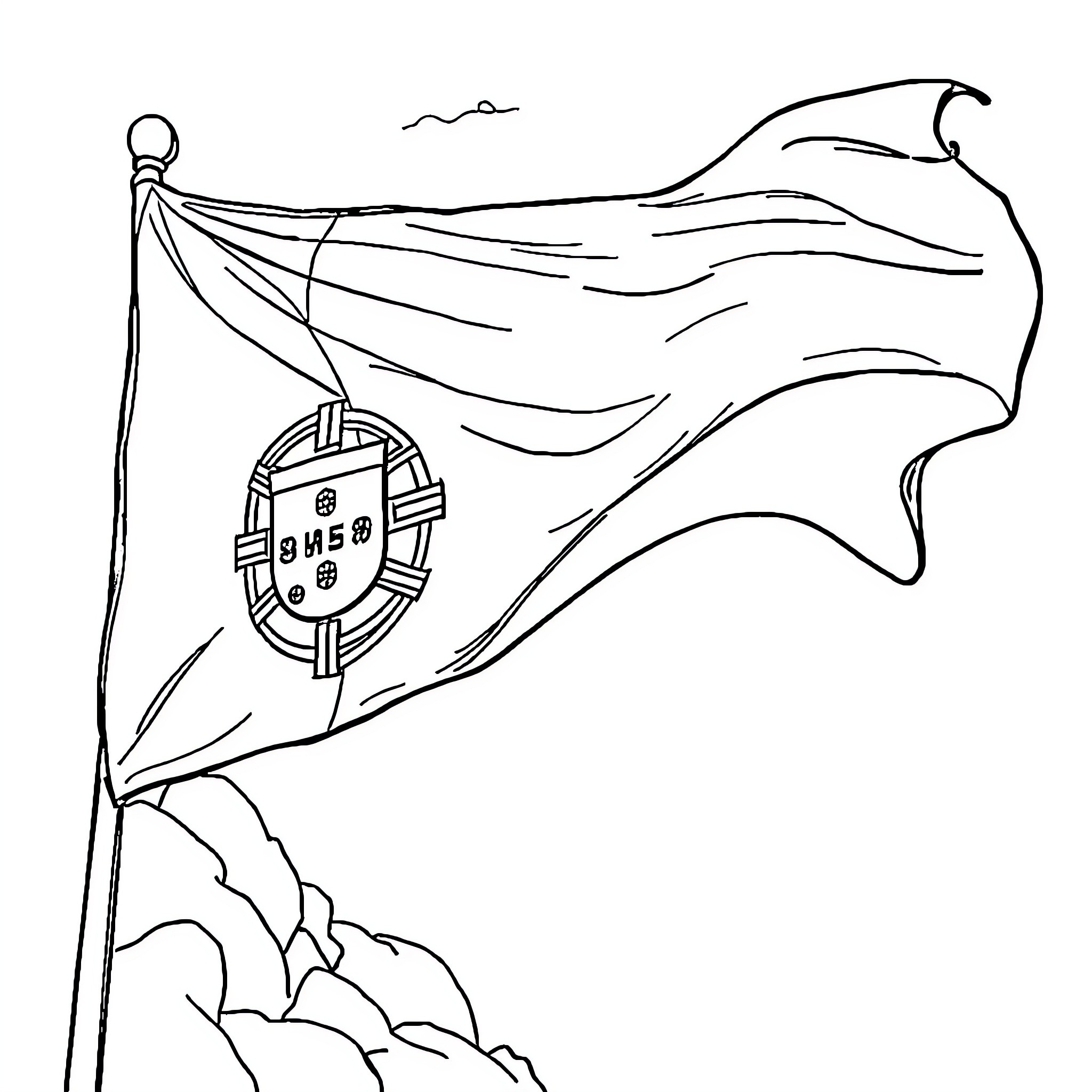 Flag waving proudly in the wind Coloring Page (free black-and-white line drawing printable PDF for all, from beginners to advanced learners, including children, teens, adults, and seniors)