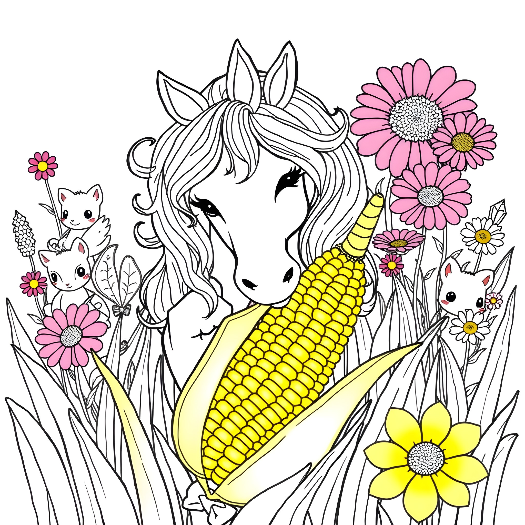Unicorn Surrounded by Whimsical Flowers and Critters Coloring Page (free black-and-white line drawing printable PDF for all, from beginners to advanced learners, including children, teens, adults, and seniors)