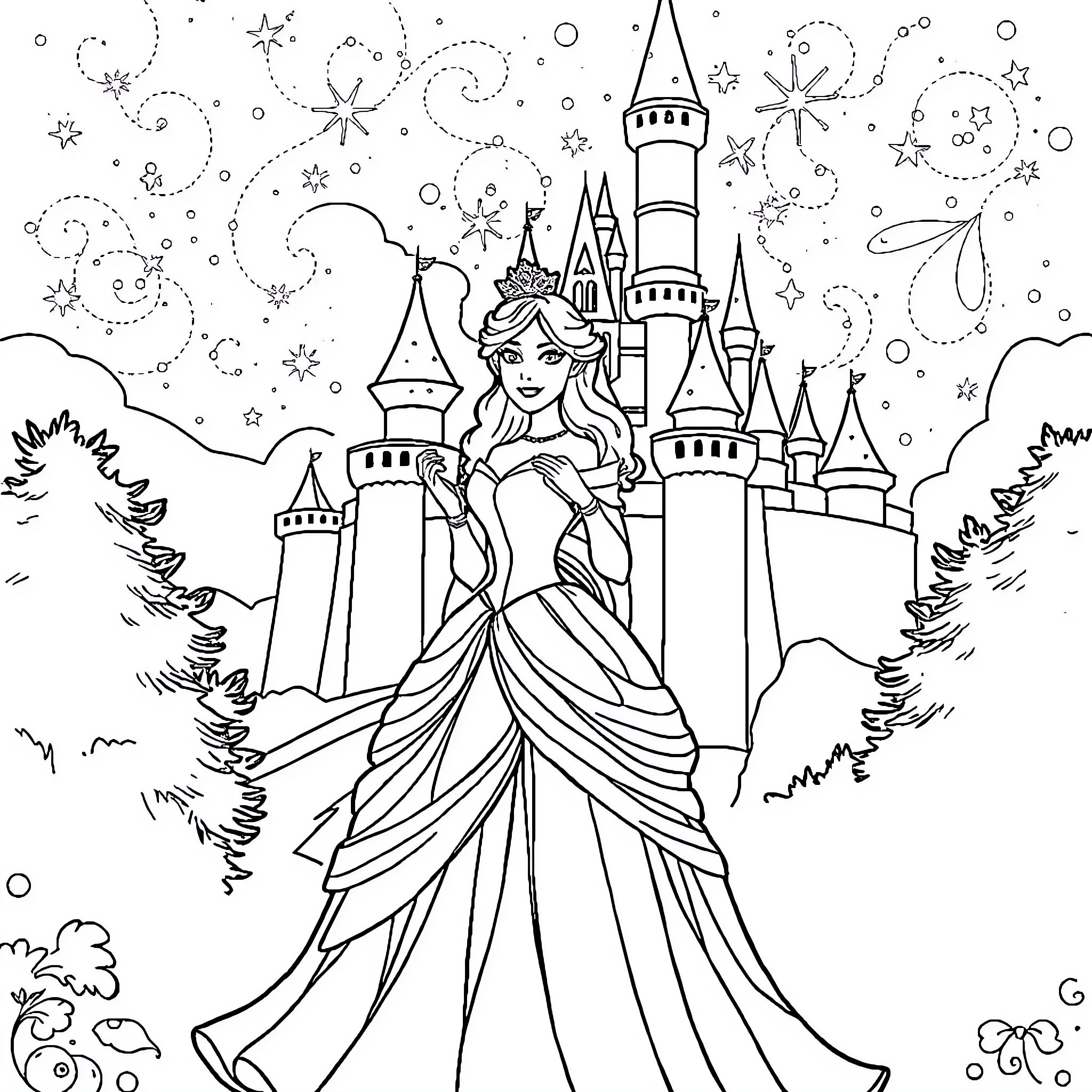 Disney Princess in Enchanting Castle with Snowflakes Coloring Page (free black-and-white line drawing printable PDF for all, from beginners to advanced learners, including children, teens, adults, and seniors)