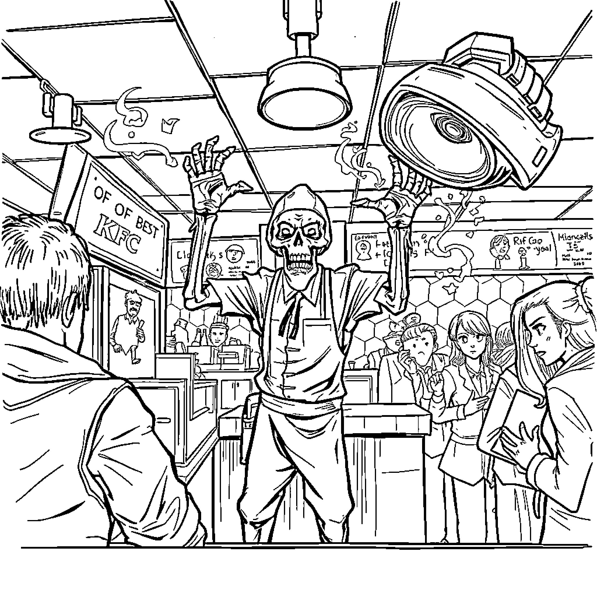 Archlich's Bizarre Cafe Adventure Coloring Page (free black-and-white line drawing printable PDF for all, from beginners to advanced learners, including children, teens, adults, and seniors)