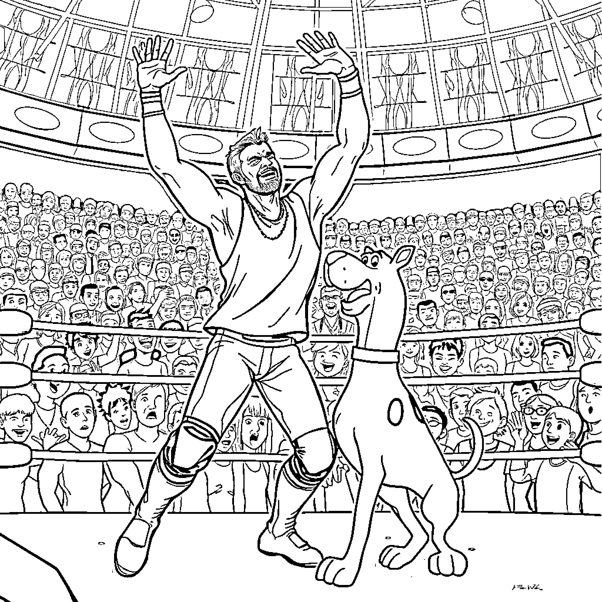 Cm Punk Celebrates Victory in the Wrestling Arena Coloring Page (free black-and-white line drawing printable PDF for all, from beginners to advanced learners, including children, teens, adults, and seniors)