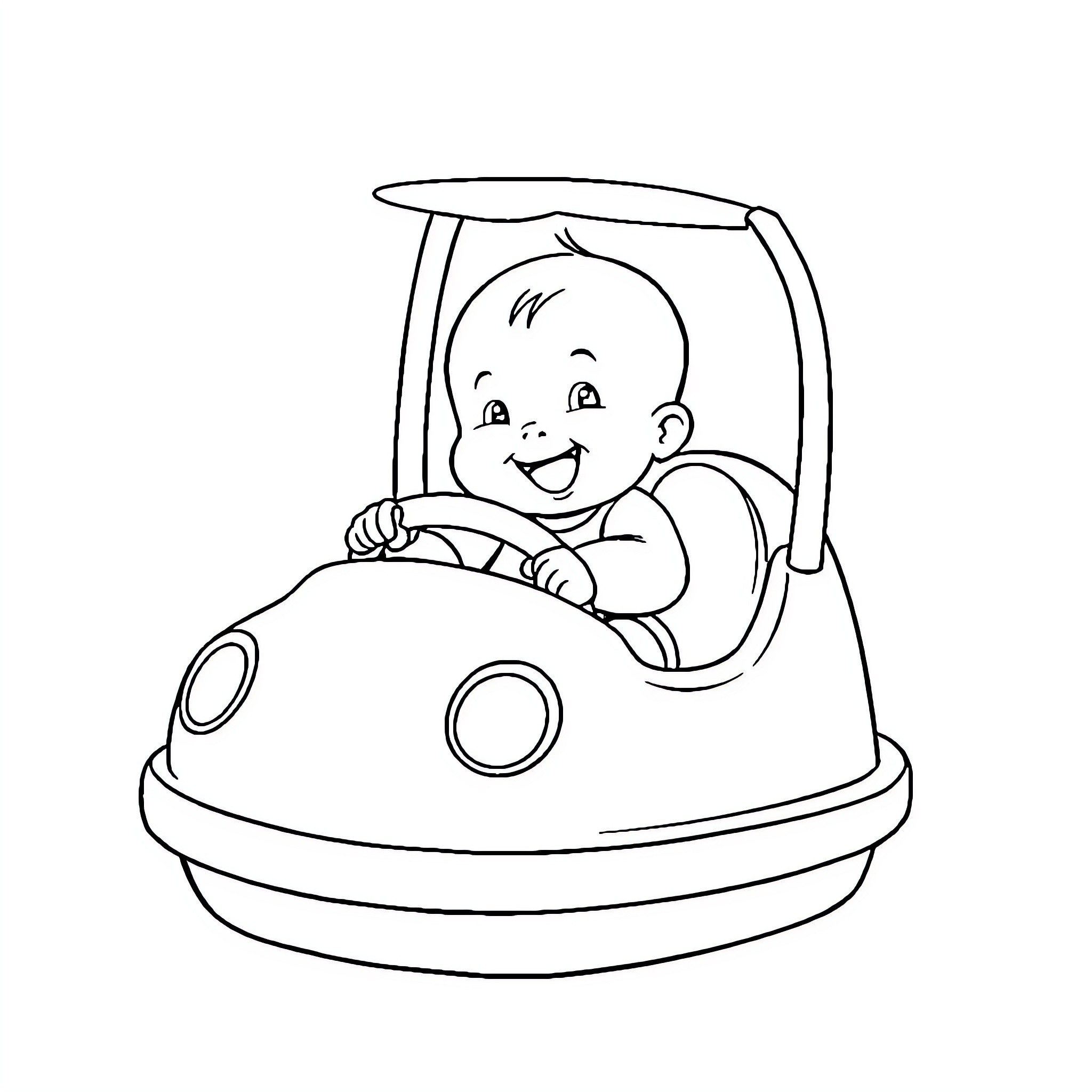 Baby driving a toy car happily Coloring Page (free black-and-white line drawing printable PDF for all, from beginners to advanced learners, including children, teens, adults, and seniors)