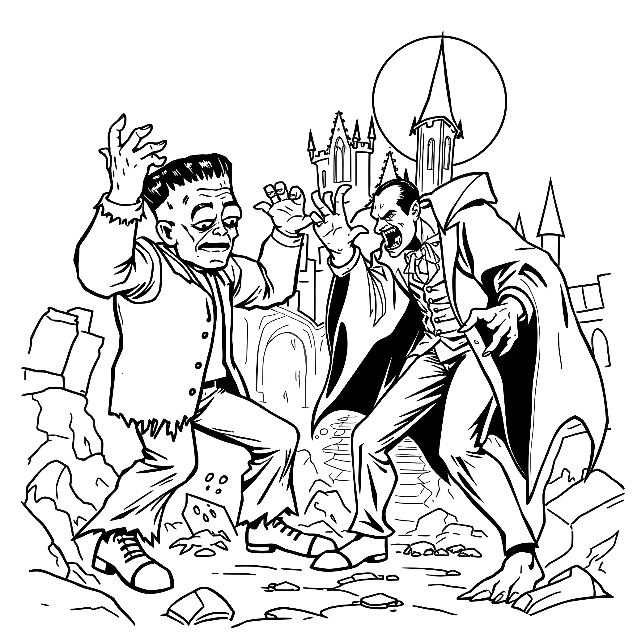 Frankenstein's Creature Escaping the Castle Coloring Page (free black-and-white line drawing printable PDF for all, from beginners to advanced learners, including children, teens, adults, and seniors)