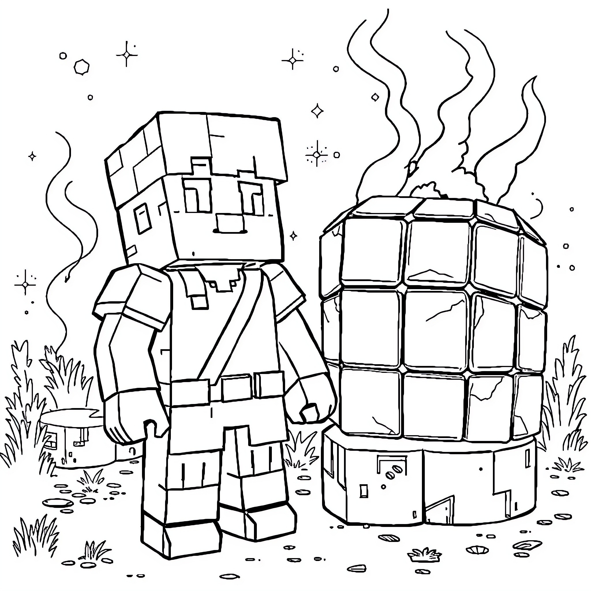 Villager exploring a mysterious cube-like structure Coloring Page (free black-and-white line drawing printable PDF for all, from beginners to advanced learners, including children, teens, adults, and seniors)
