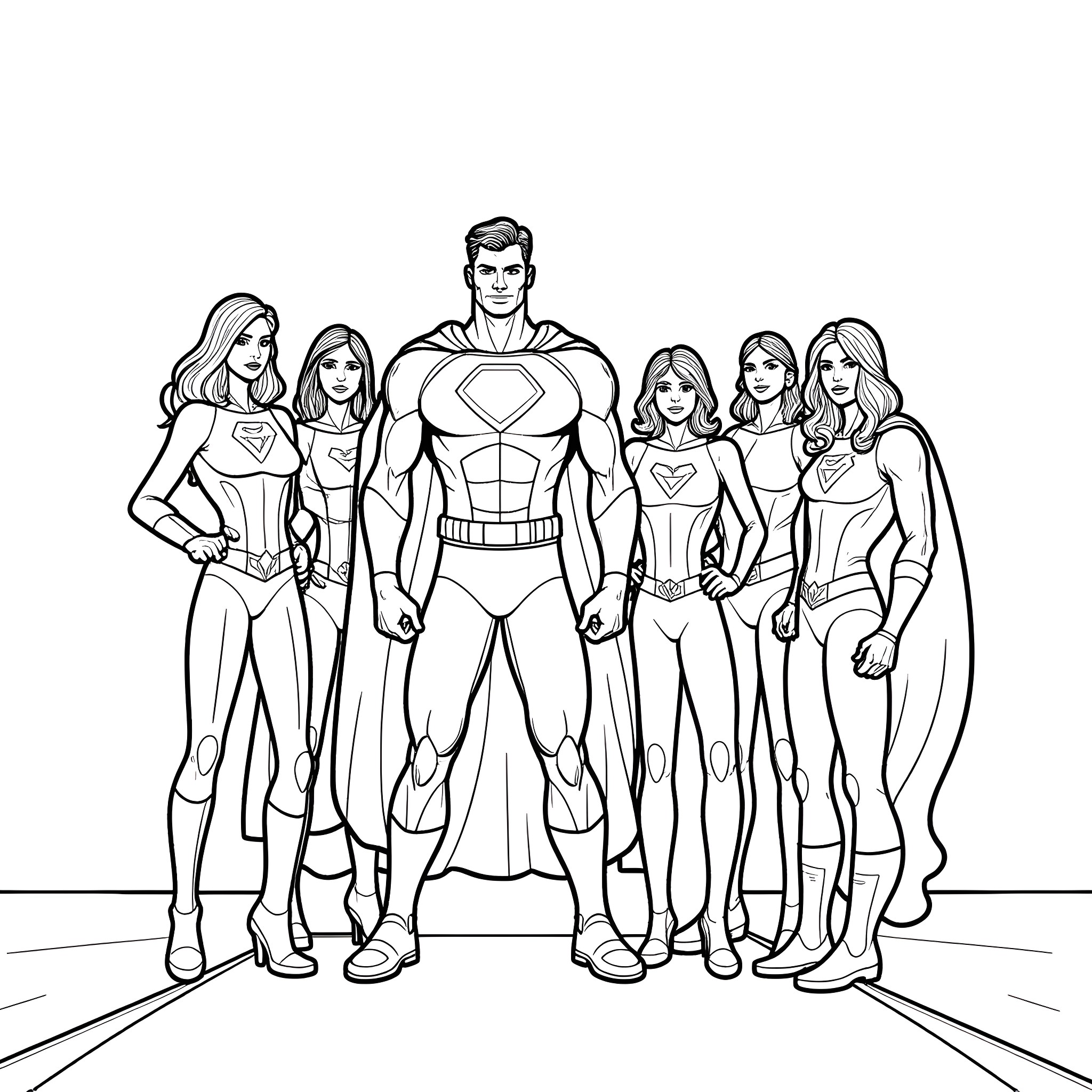 Superhero Team Standing Together in Action Poses Coloring Page (free black-and-white line drawing printable PDF for all, from beginners to advanced learners, including children, teens, adults, and seniors)
