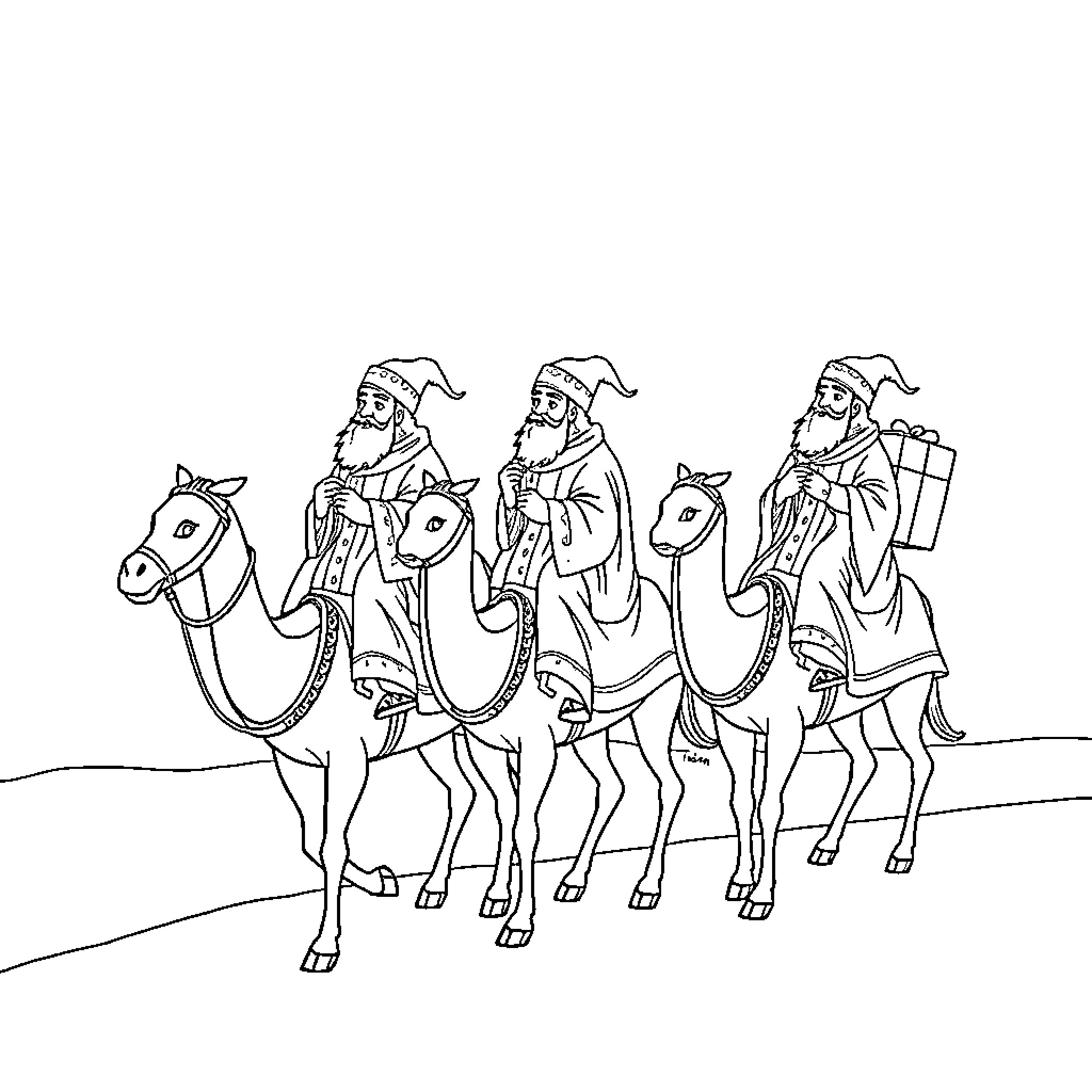 Three Kings on Camels in Ceremonial Attire Coloring Page (free black-and-white line drawing printable PDF for all, from beginners to advanced learners, including children, teens, adults, and seniors)