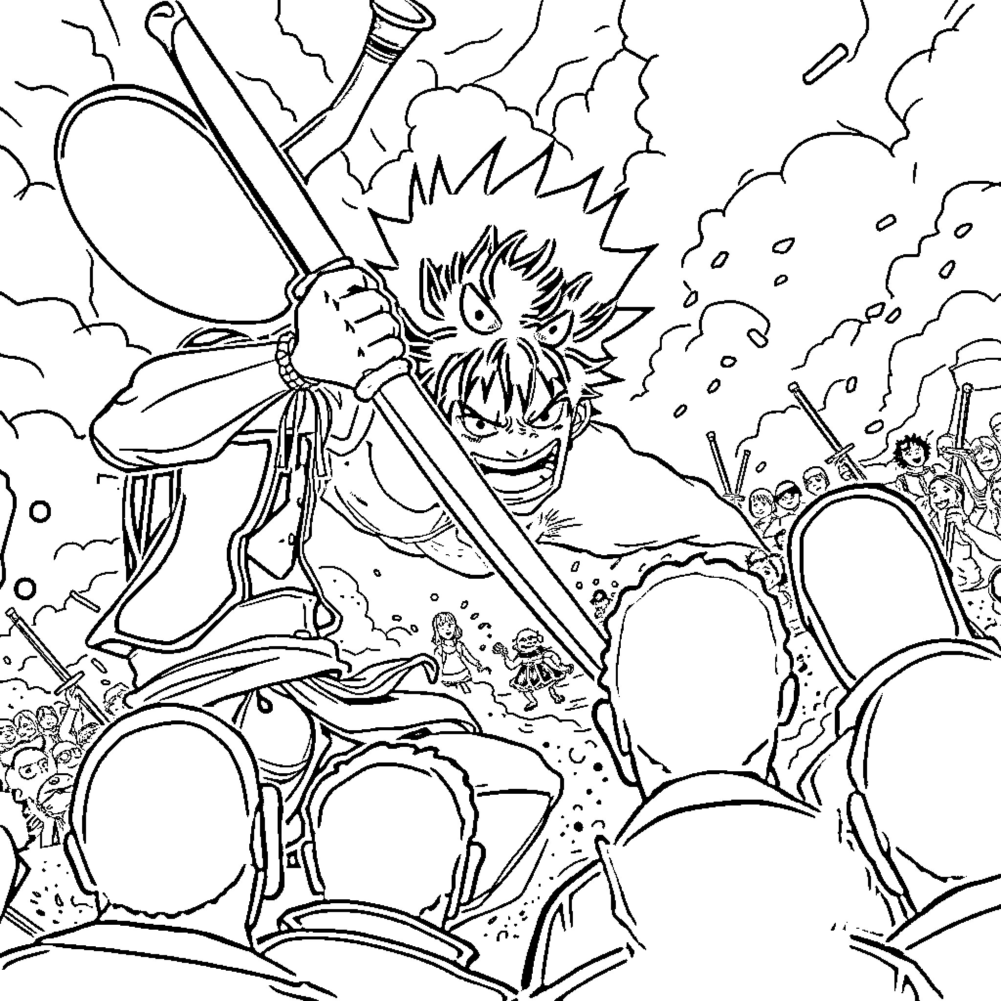 Zoro's Fierce Battle in the Stormy Landscape Coloring Page (free black-and-white line drawing printable PDF for all, from beginners to advanced learners, including children, teens, adults, and seniors)