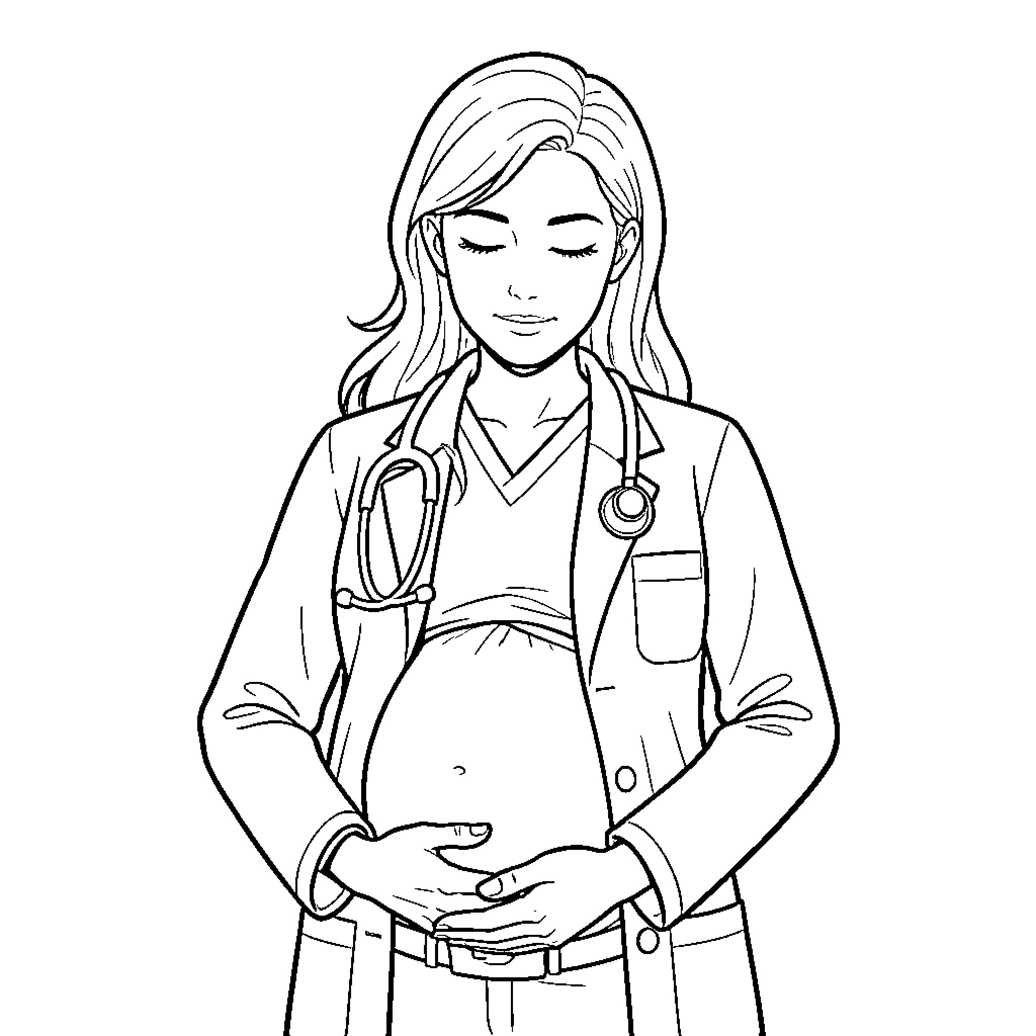 Doctor examining patient with caring expression Coloring Page (free black-and-white line drawing printable PDF for all, from beginners to advanced learners, including children, teens, adults, and seniors)