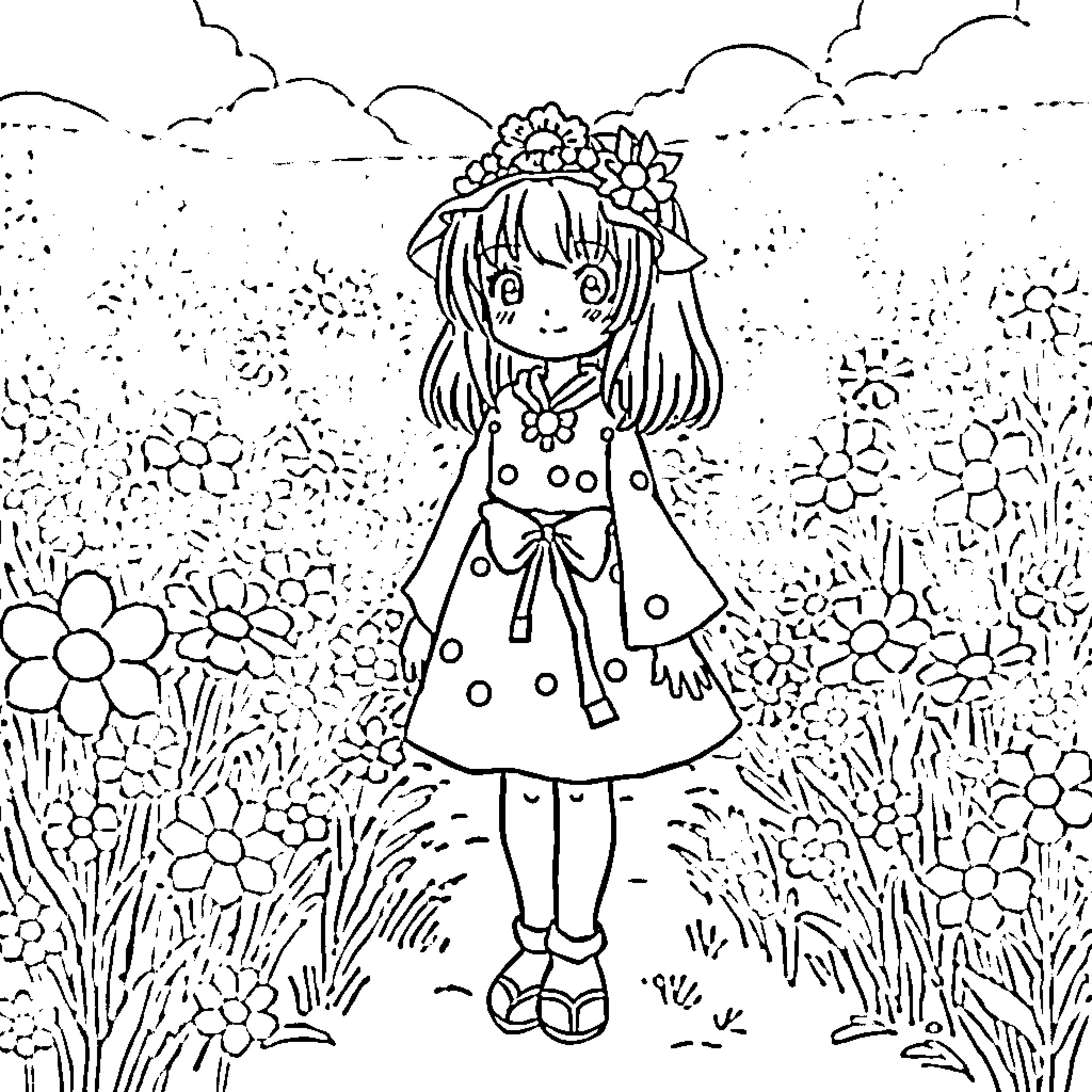 Mitsuri in a floral meadow Coloring Page (free black-and-white line drawing printable PDF for all, from beginners to advanced learners, including children, teens, adults, and seniors)