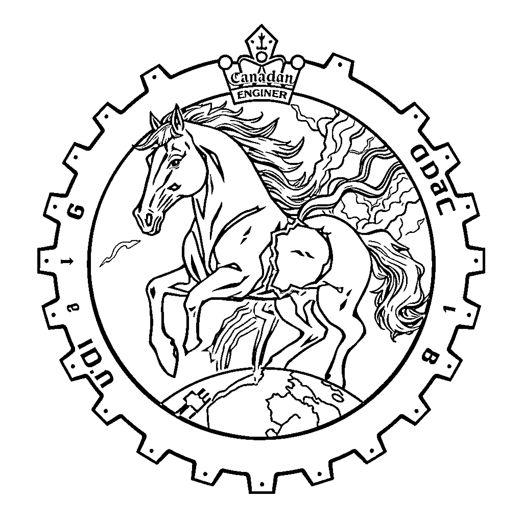 Horse emblem with globe and gears Coloring Page (free black-and-white line drawing printable PDF for all, from beginners to advanced learners, including children, teens, adults, and seniors)