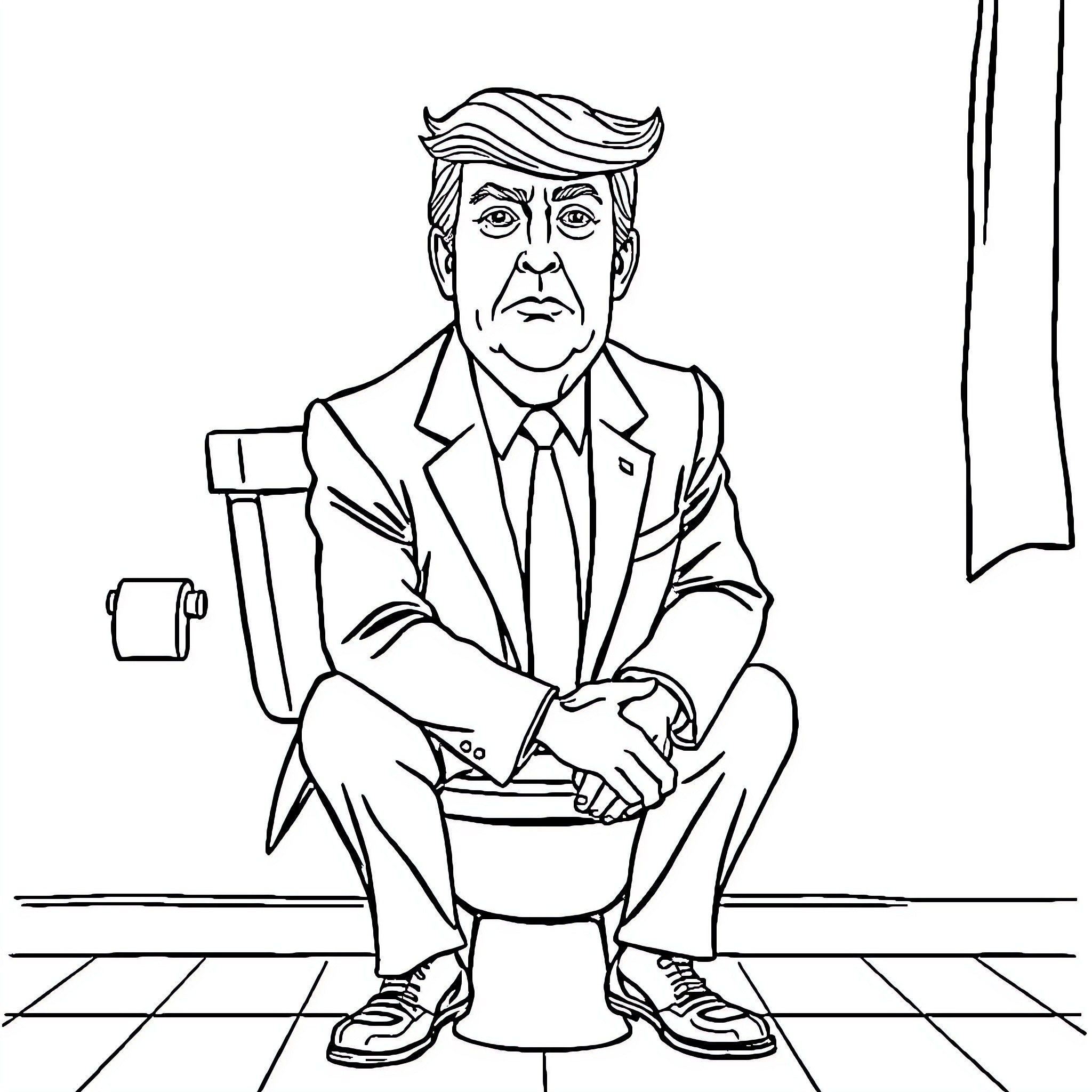 Trump sitting contemplatively on toilet Coloring Page (free black-and-white line drawing printable PDF for all, from beginners to advanced learners, including children, teens, adults, and seniors)