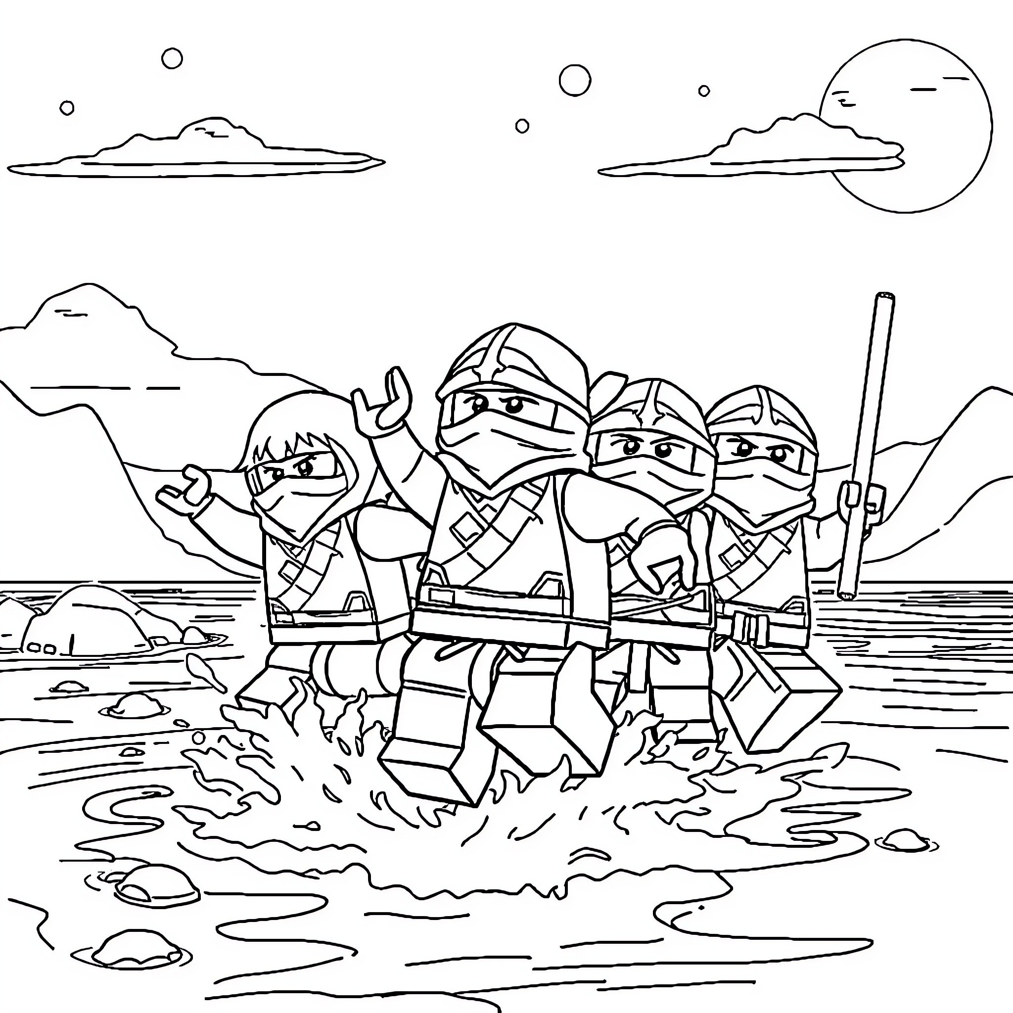 Ninja warriors battling in a mystical landscape Coloring Page (free black-and-white line drawing printable PDF for all, from beginners to advanced learners, including children, teens, adults, and seniors)