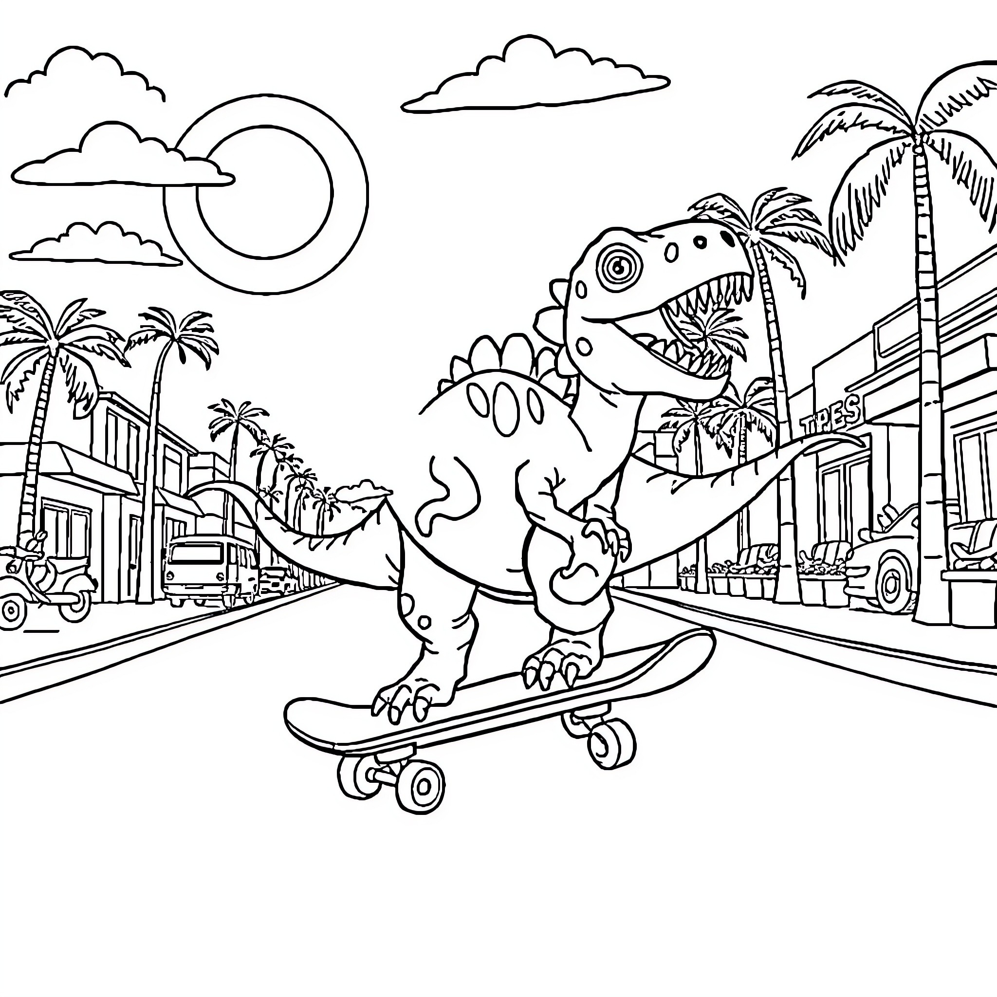 Dinosaur skateboarding through a tropical city Coloring Page (free black-and-white line drawing printable PDF for all, from beginners to advanced learners, including children, teens, adults, and seniors)