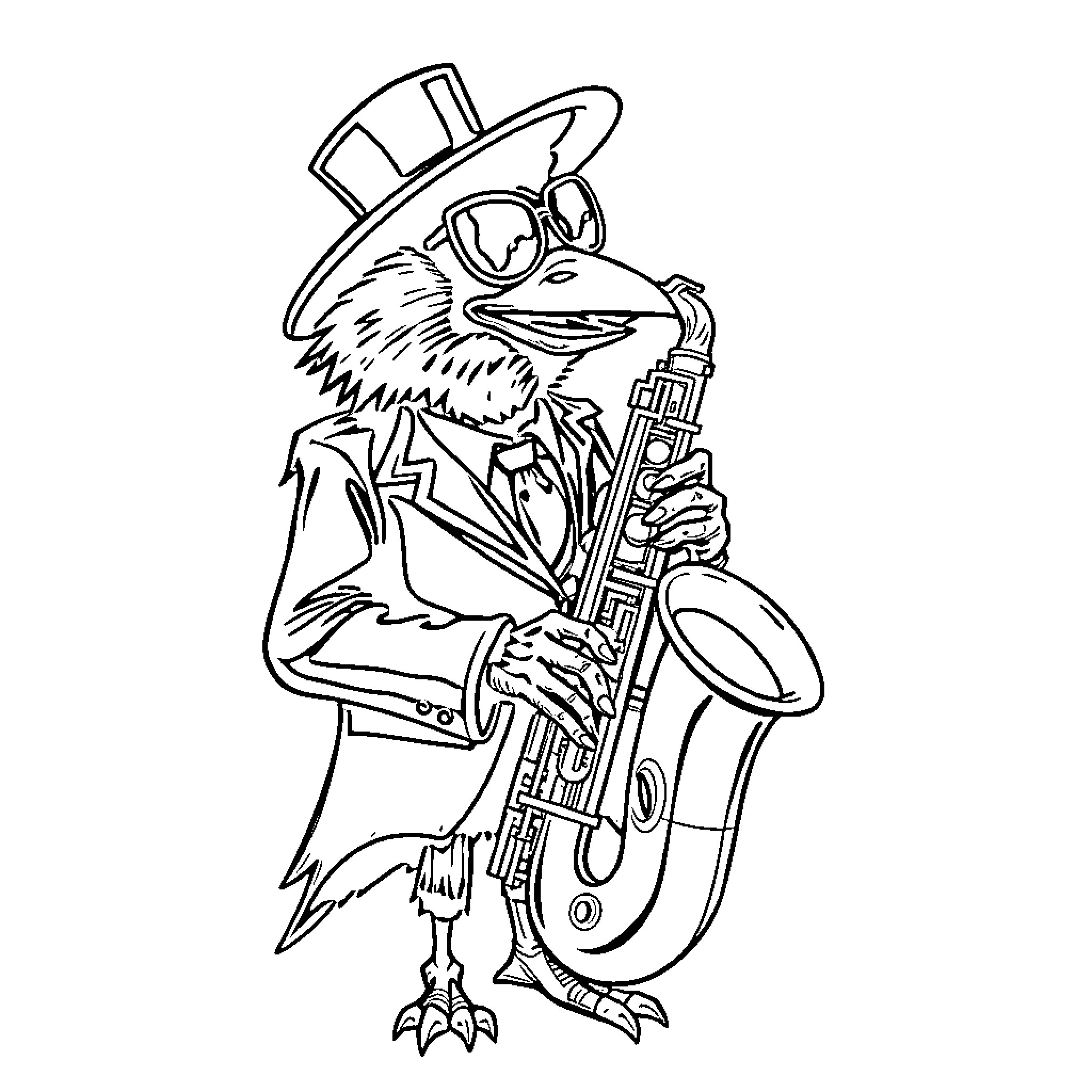 Raven musician playing saxophone in formal attire Coloring Page (free black-and-white line drawing printable PDF for all, from beginners to advanced learners, including children, teens, adults, and seniors)