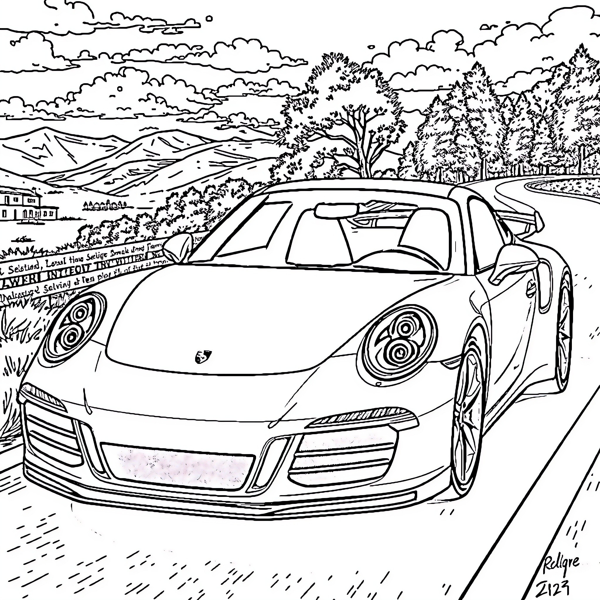 Porsche sports car driving on scenic mountain road Coloring Page (free black-and-white line drawing printable PDF for all, from beginners to advanced learners, including children, teens, adults, and seniors)