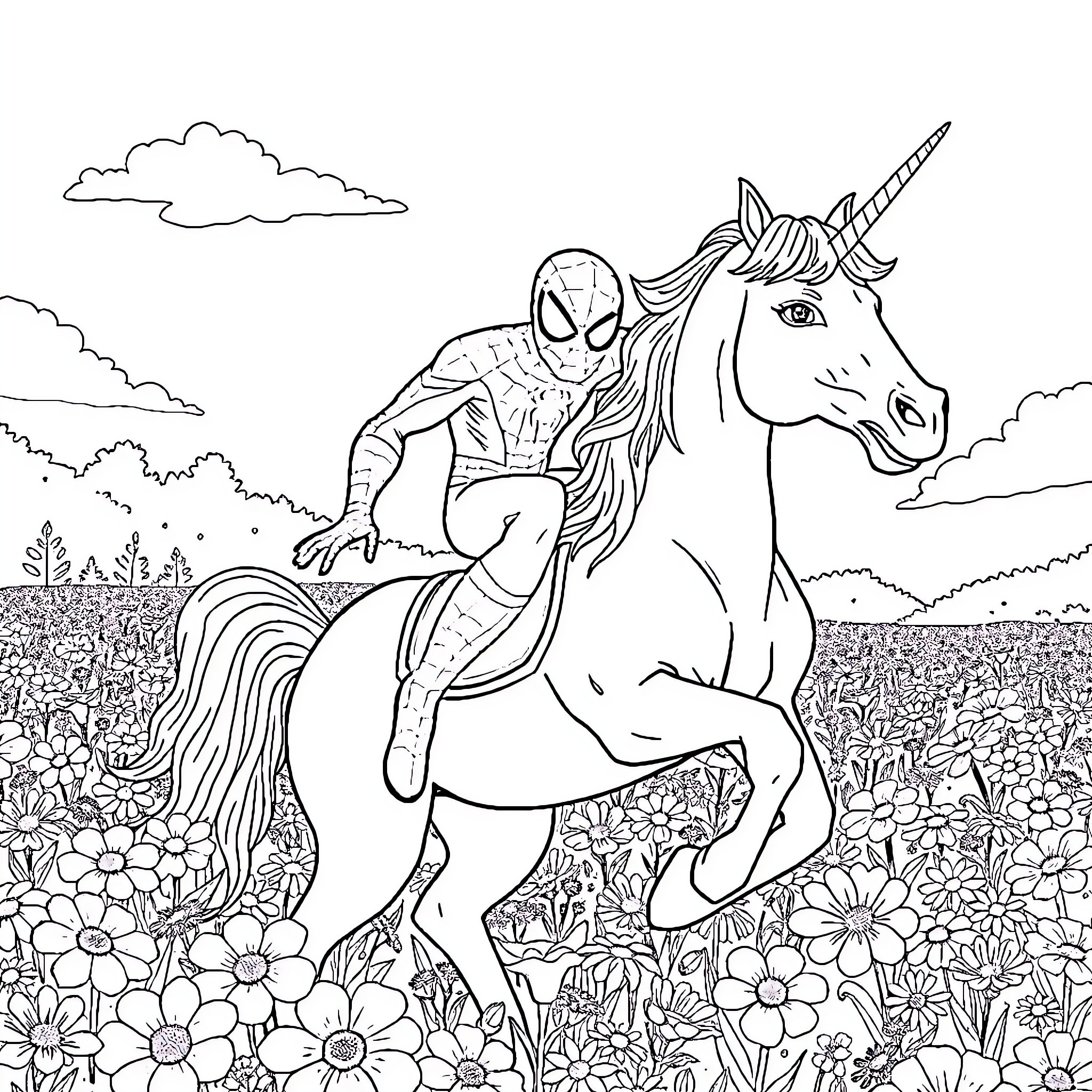 Spiderman riding a unicorn through a flowery field Coloring Page (free black-and-white line drawing printable PDF for all, from beginners to advanced learners, including children, teens, adults, and seniors)