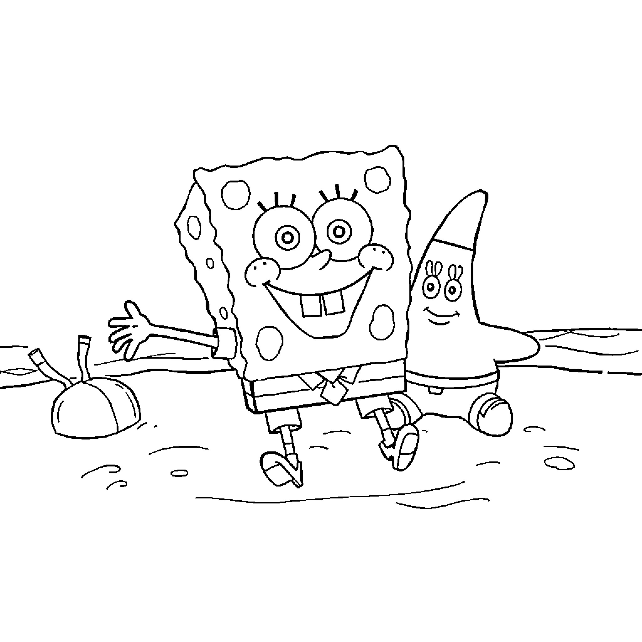 Spongebob and Patrick playing together on the beach Coloring Page (free black-and-white line drawing printable PDF for all, from beginners to advanced learners, including children, teens, adults, and seniors)