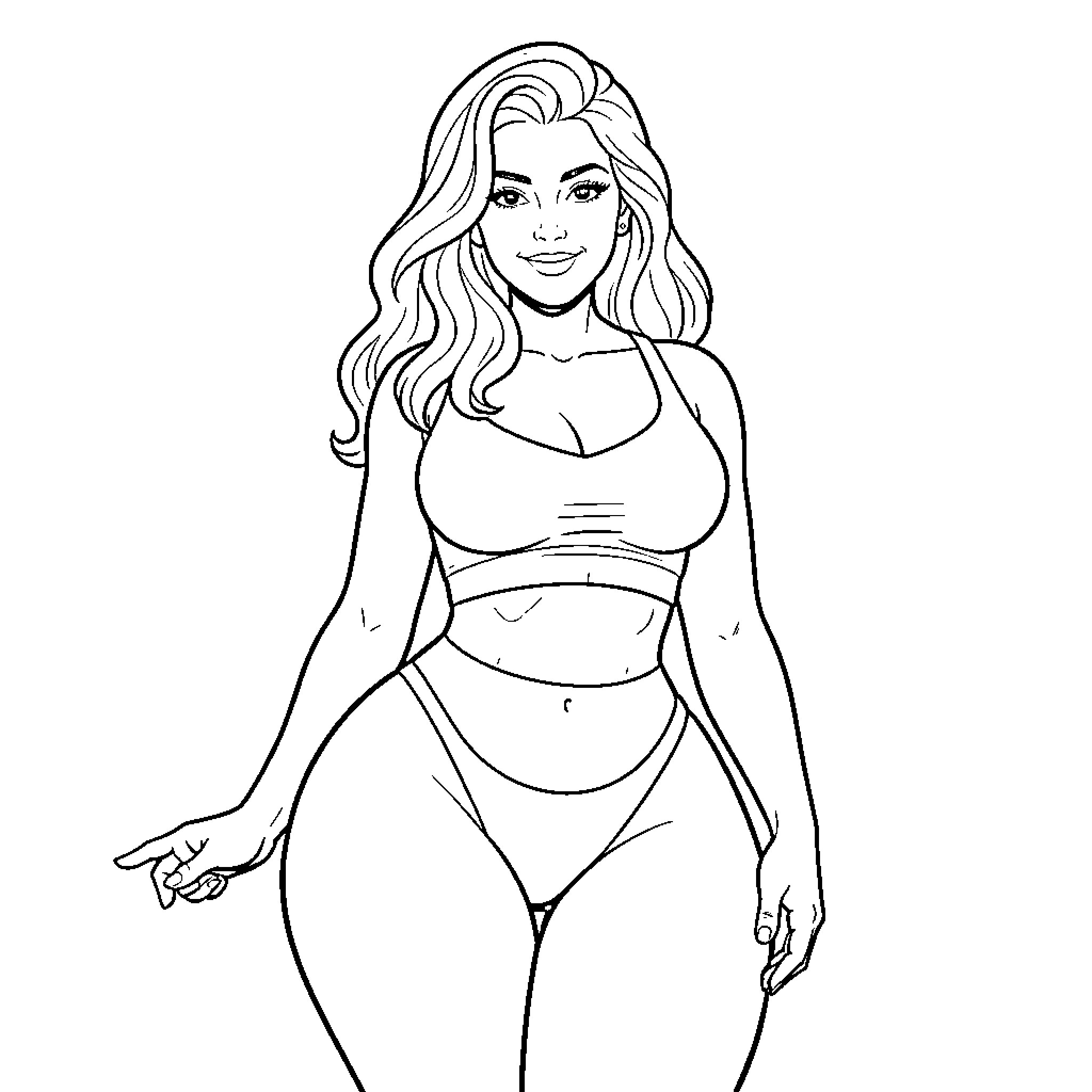 Woman in athletic wear posing confidently Coloring Page (free black-and-white line drawing printable PDF for all, from beginners to advanced learners, including children, teens, adults, and seniors)