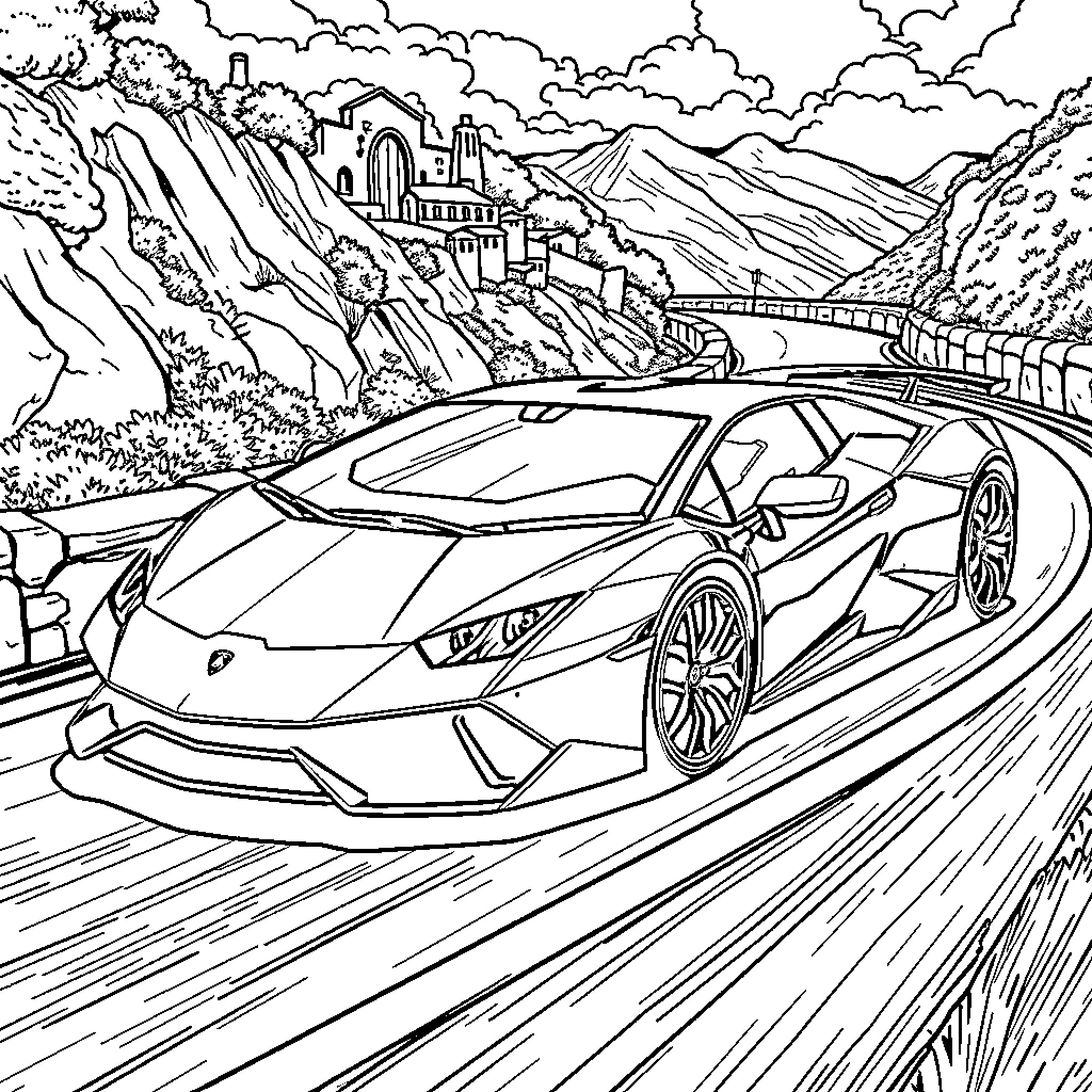 Lamborghini Supercar Racing Through Scenic Landscape Coloring Page (free black-and-white line drawing printable PDF for all, from beginners to advanced learners, including children, teens, adults, and seniors)